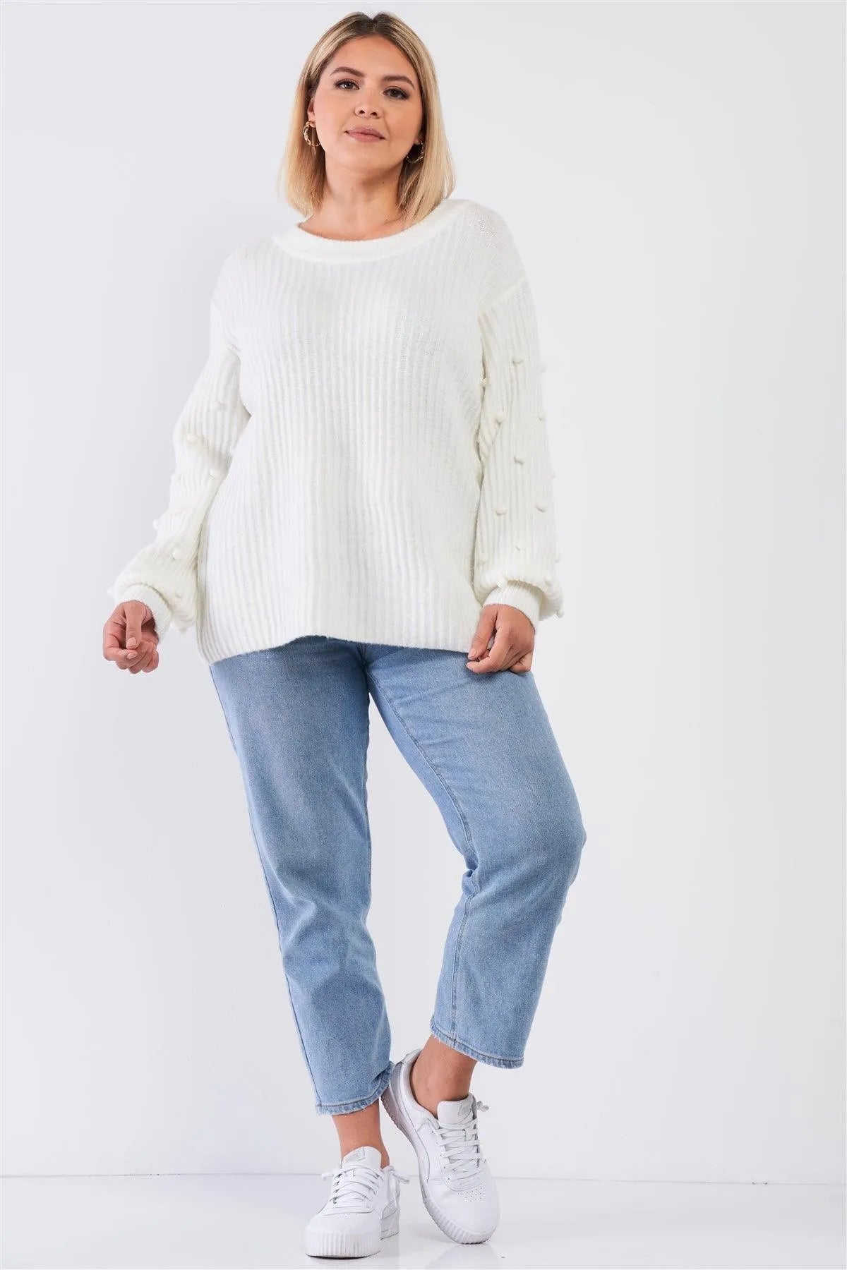 Junior Plus Cozy White Crew Neckline Long Beads Detail Ballon Sleeve Sweater /2-2-1-1 - Tasha Apparel Wholesale