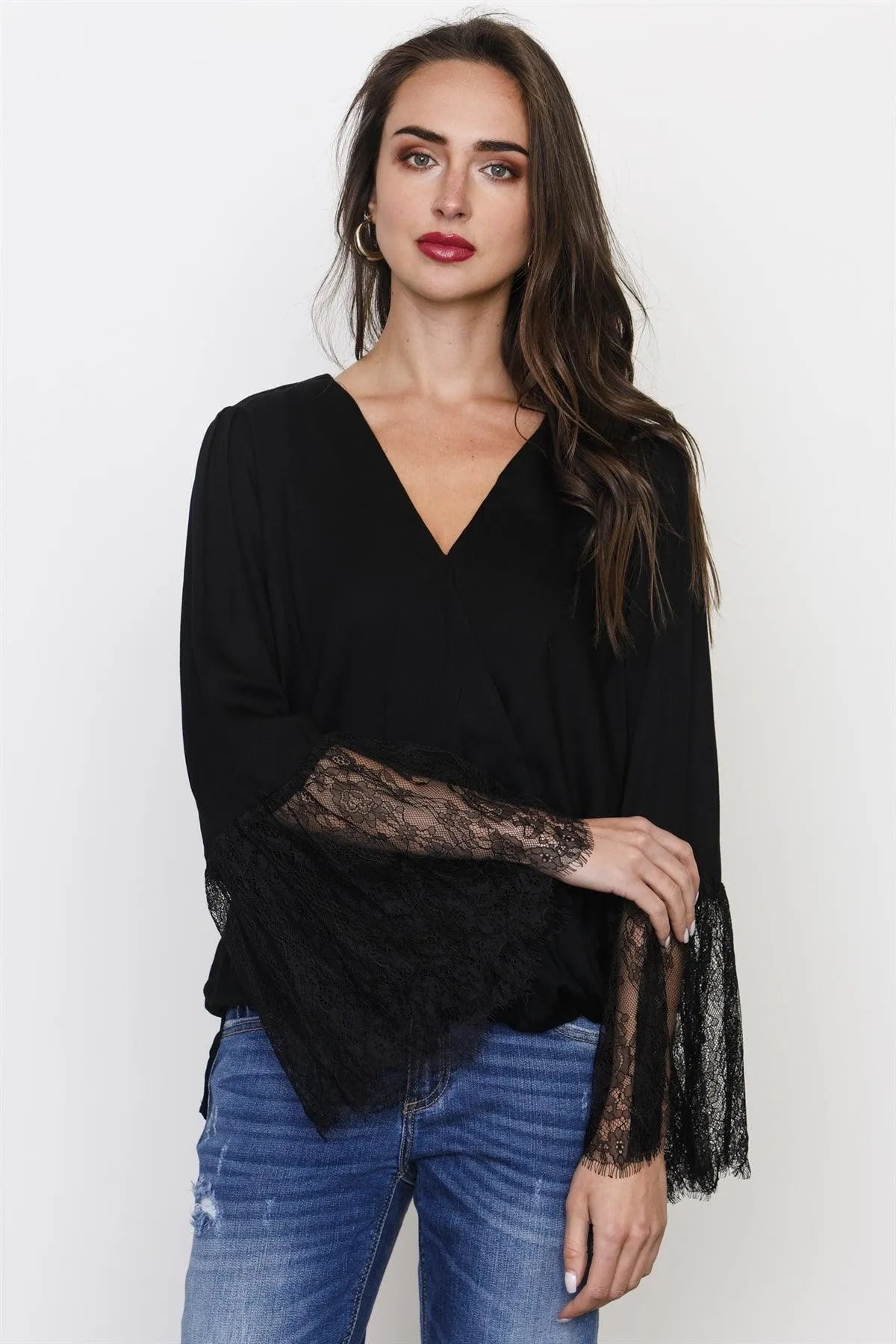 Black Lace Sleeves Cross Drape Front Top /3-2-1 - Tasha Apparel Wholesale