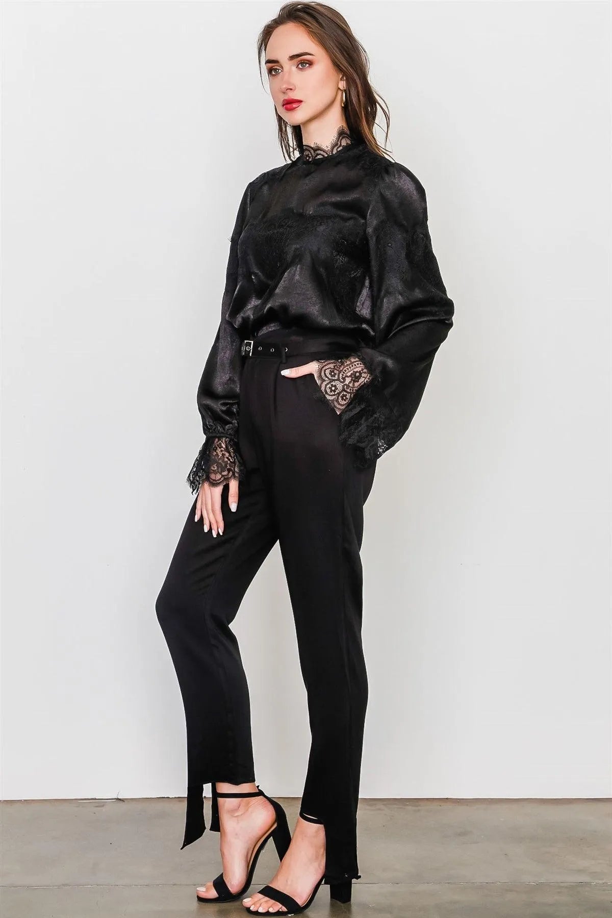 Black Floral Lace Inset High Neck Top /3-2-1 - Tasha Apparel Wholesale