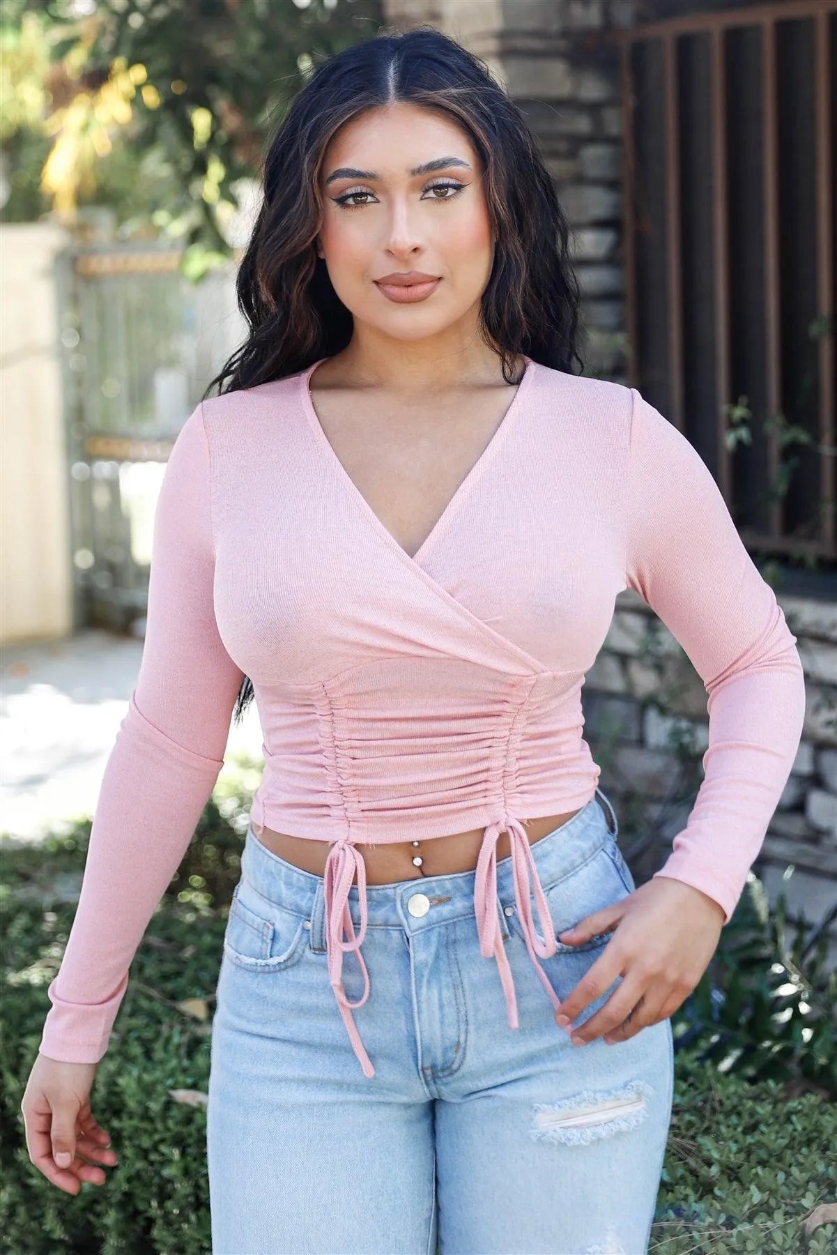 Pink Wrap V-Neck Ruched Detail Long Sleeve Crop Top /2-2-2 - Tasha Apparel Wholesale