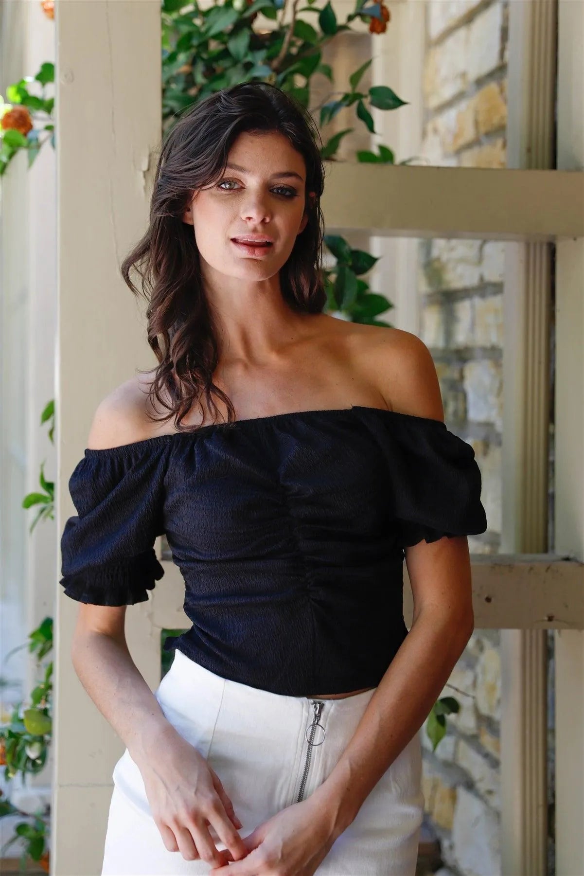 Black Textured Ruched Detail Smocked Back Short Balloon Sleeve Crop Top /1-2-2 - Tasha Apparel Wholesale