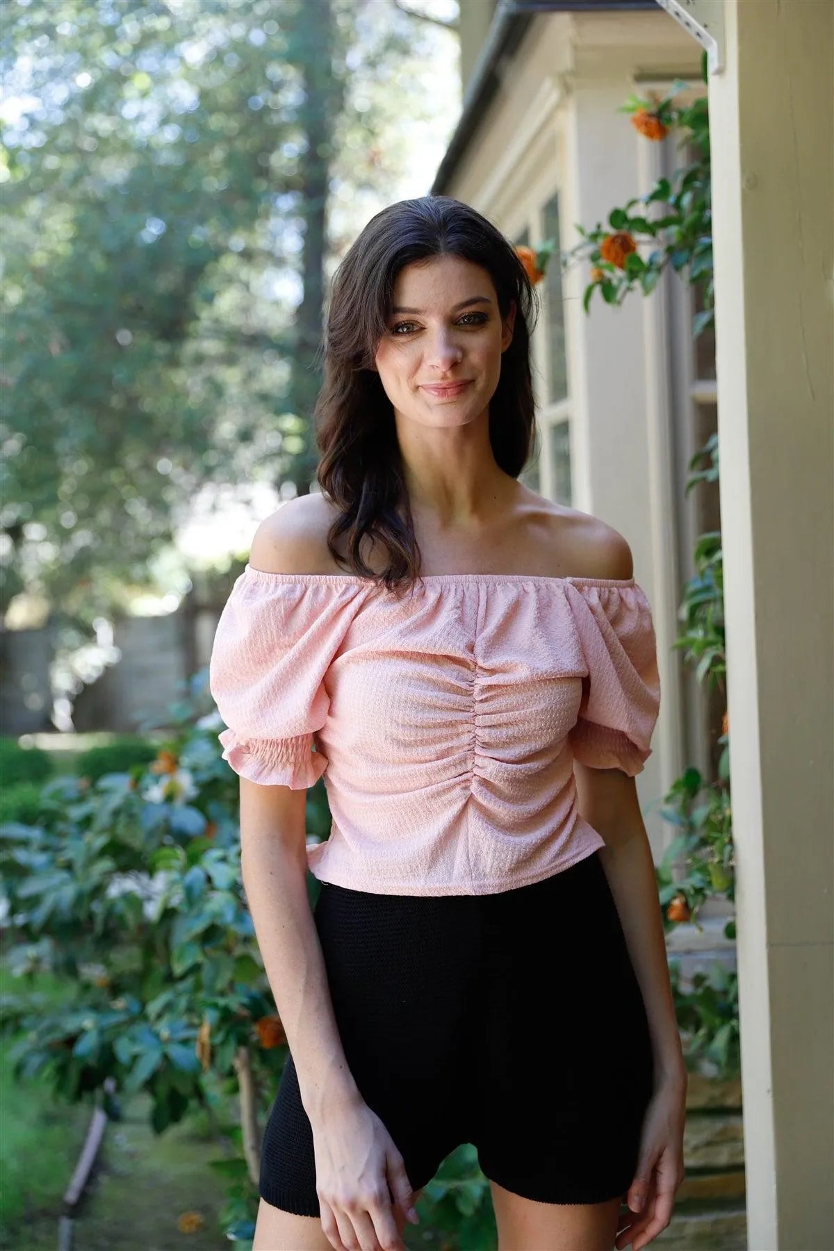 Pink Textured Ruched Detail Smocked Back Short Balloon Sleeve Crop Top /2-2-2 - Tasha Apparel Wholesale