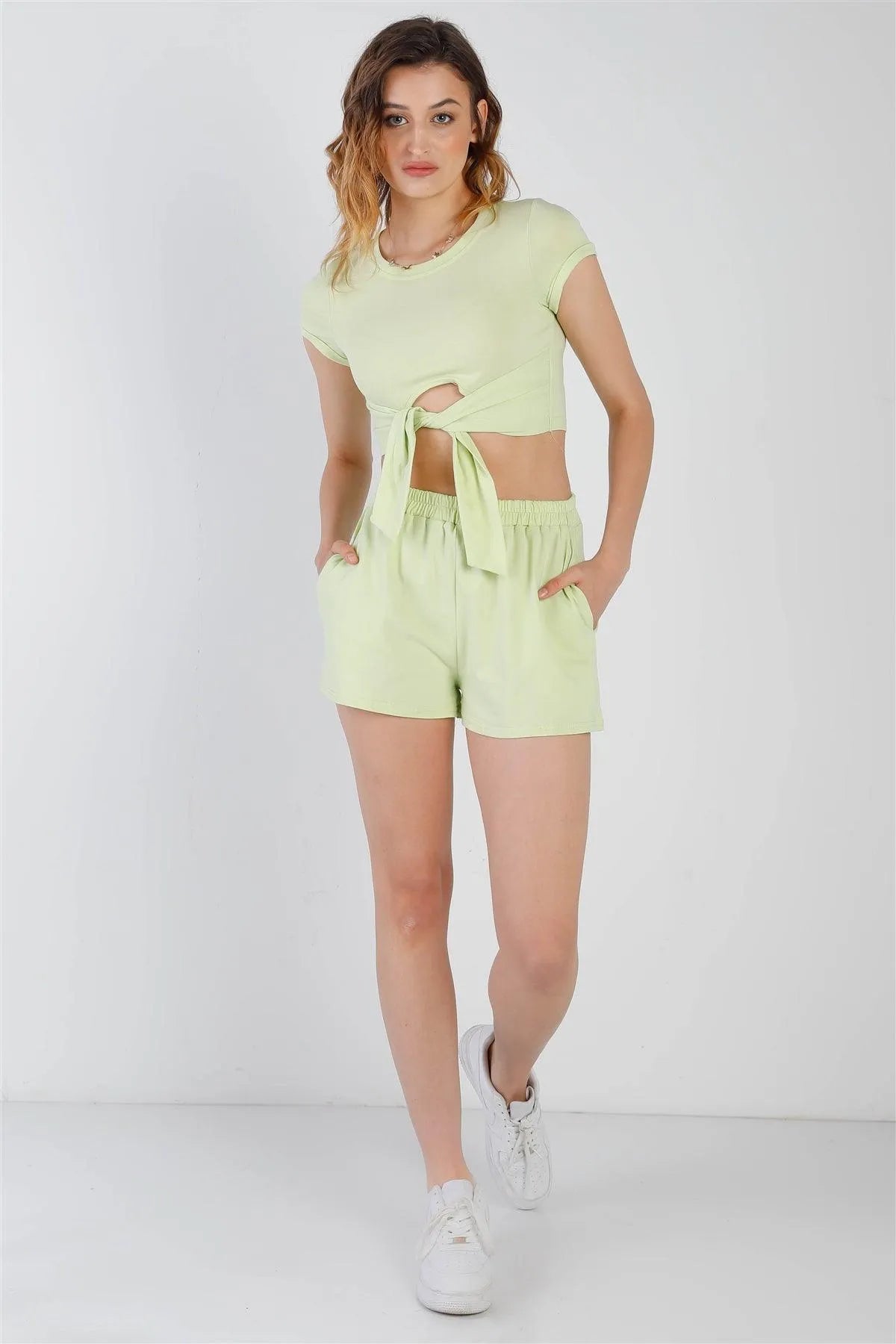 Green Cut-Out Detail Self-Tie Hem Short Sleeve Crop Top & High Waist Short Set /2-2-2 - Tasha Apparel Wholesale