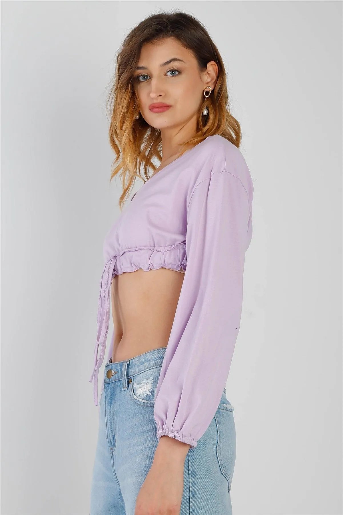 Lilac Self-Tie Ruffle Hem V-Neck Long Balloon Sleeve Crop Top /2-2-2 - Tasha Apparel Wholesale