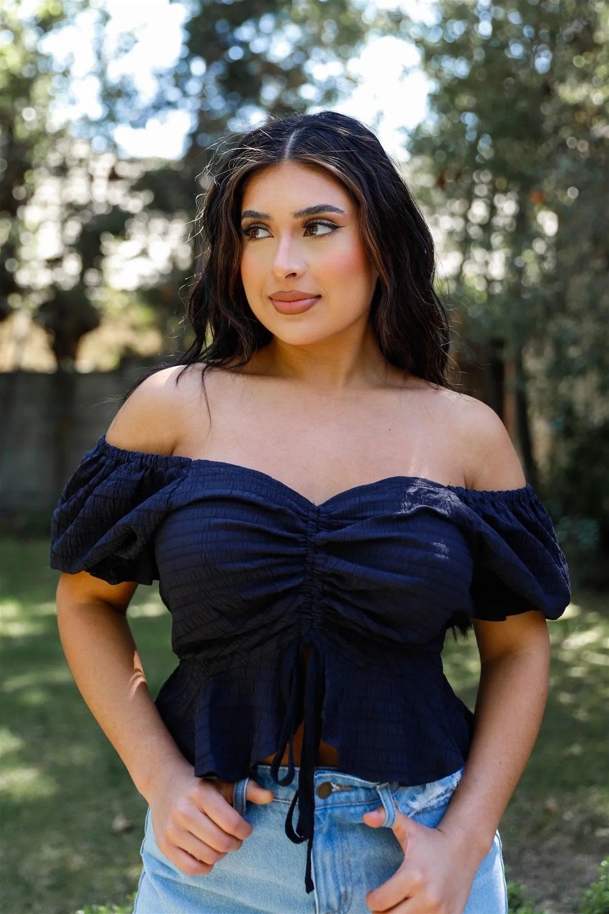 Black Textured Front Ruched Detail Short Balloon Sleeve Flare Hem Crop Top /2-2-2 - Tasha Apparel Wholesale