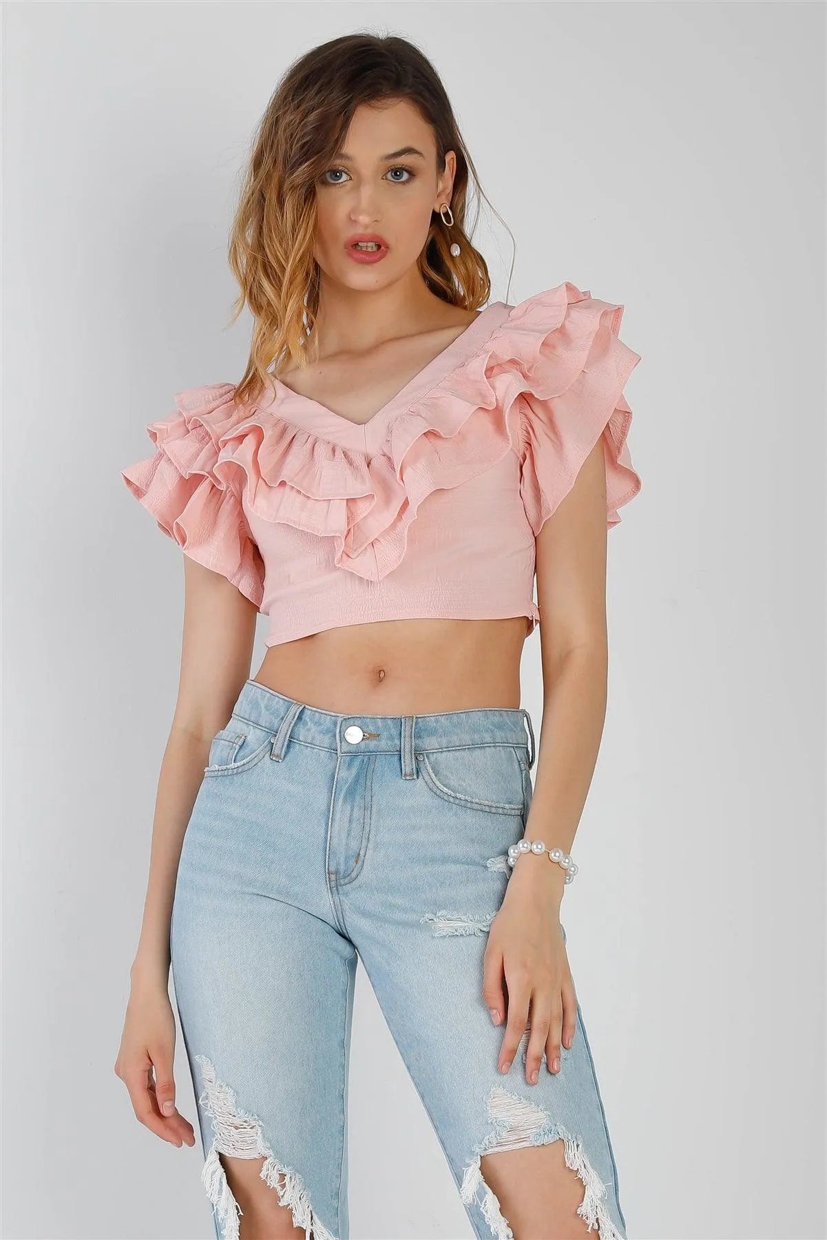 Pink Textured Layered Ruffle Detail V-Neck Crop Top /2-2-2 - Tasha Apparel Wholesale