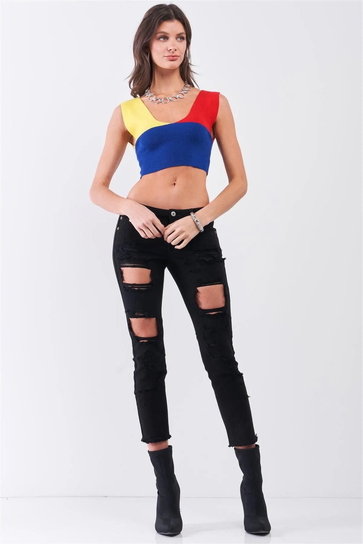 Yellow Red Blue Color Block Knit Deep V-Neck And Back Sleeveless Crop Tank Top /3-2-1 - Tasha Apparel Wholesale