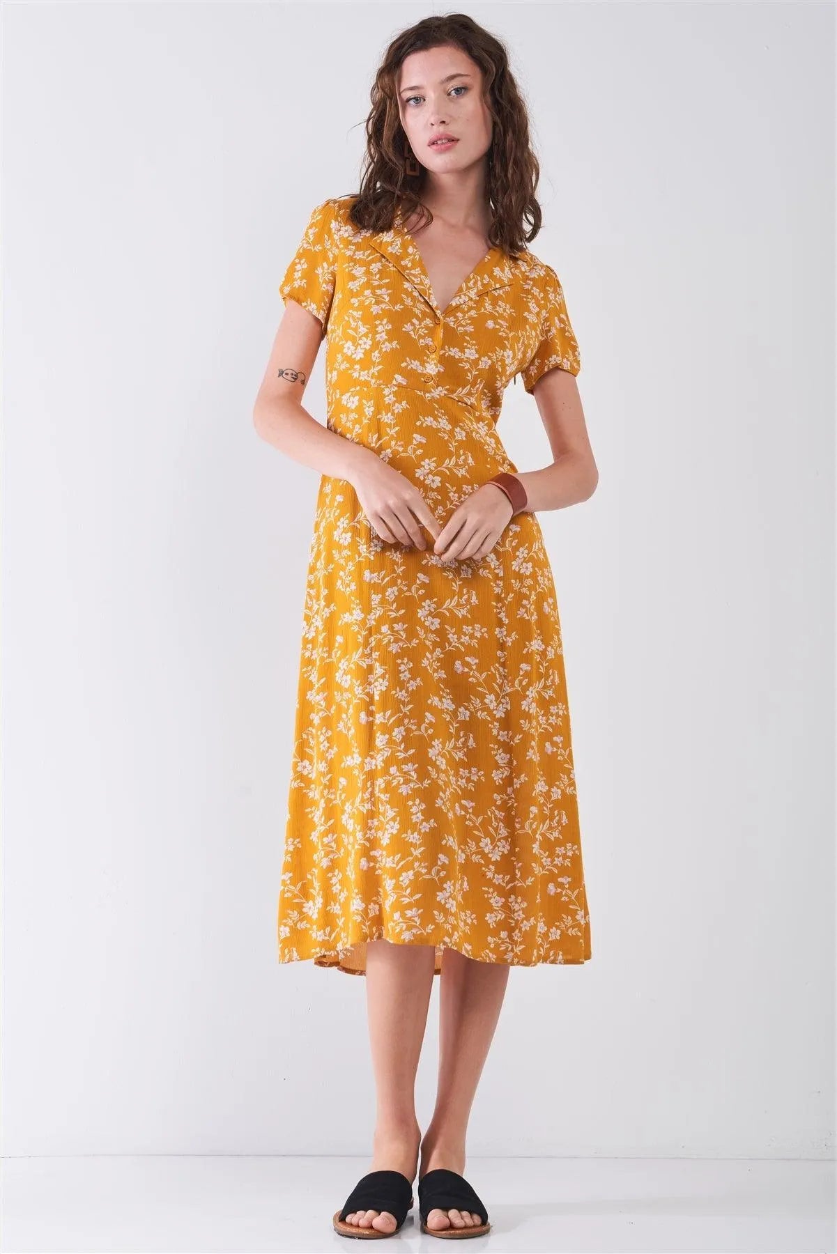 Sunset Yellow Floral Print Collared V-Neck Short Sleeve Midi Dress /3-2-1 - Tasha Apparel Wholesale
