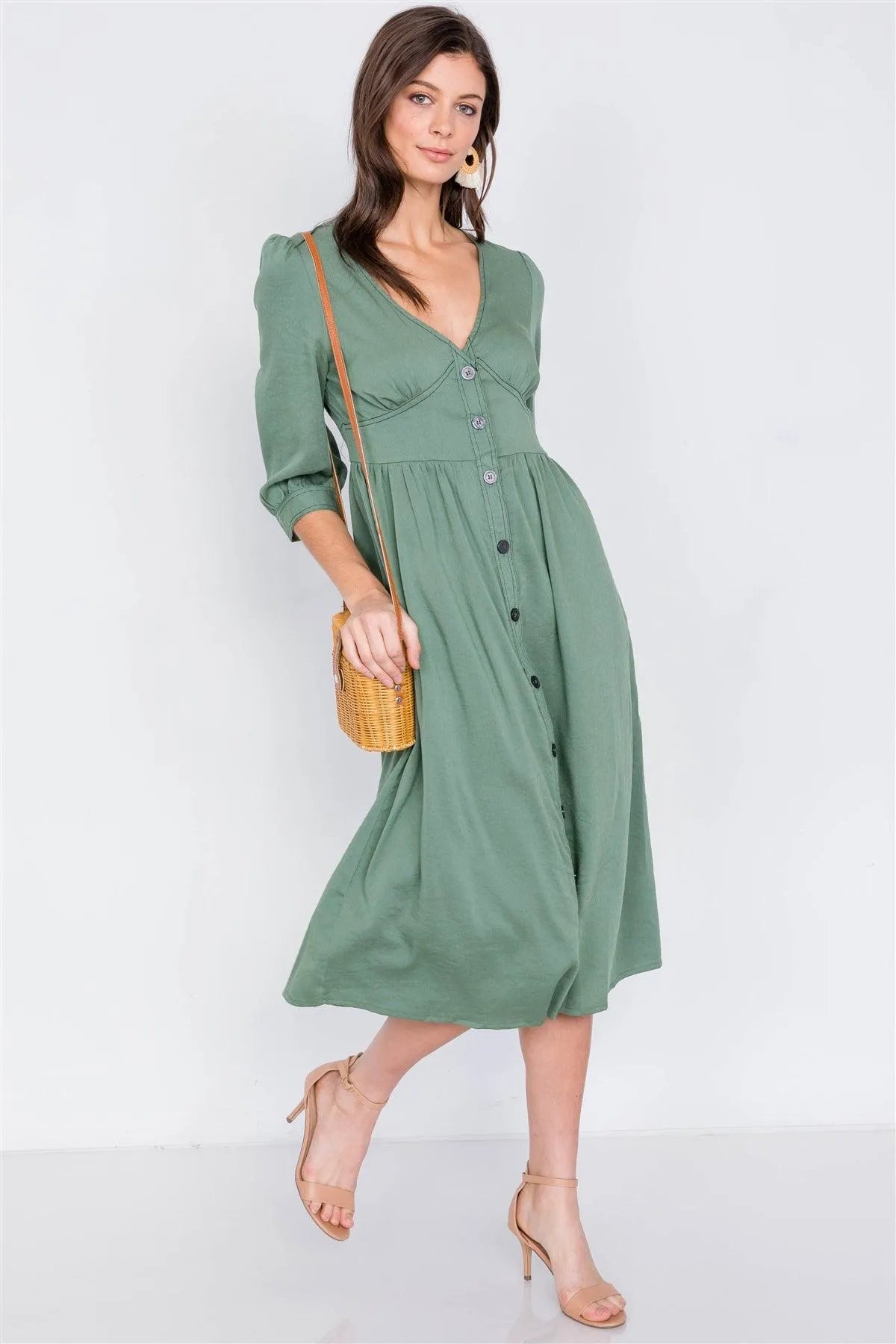 Olive V-Neck Front Button 3/4 Balloon Puff Sleeve Casual Midi Dress /2-2-2 - Tasha Apparel Wholesale