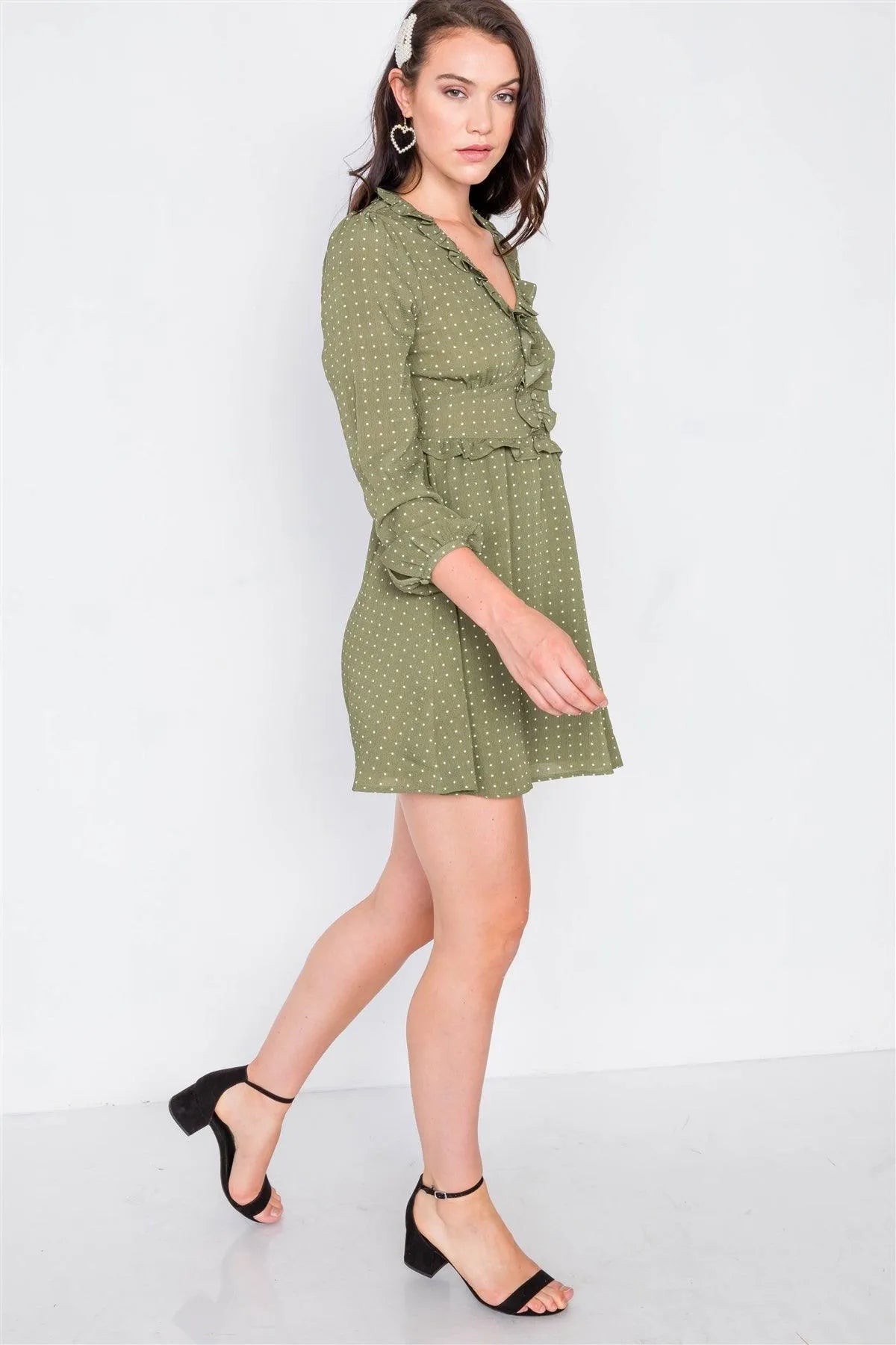 Olive Flounce Polkadot A-Line Midi Dress /2-2-2 - Tasha Apparel Wholesale
