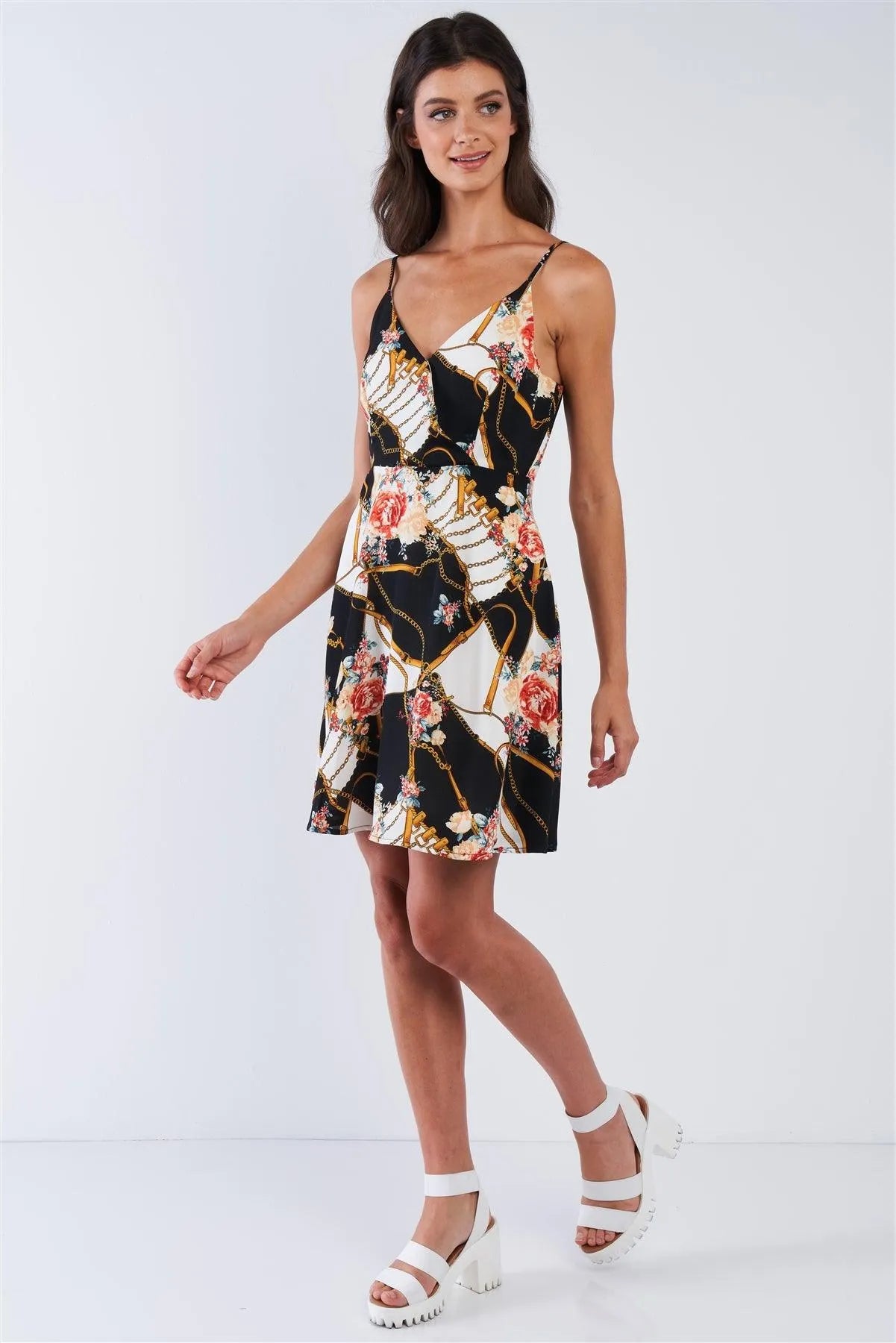 Black Multi Floral Belt & Chain Printed Mini Dress - Tasha Apparel Wholesale