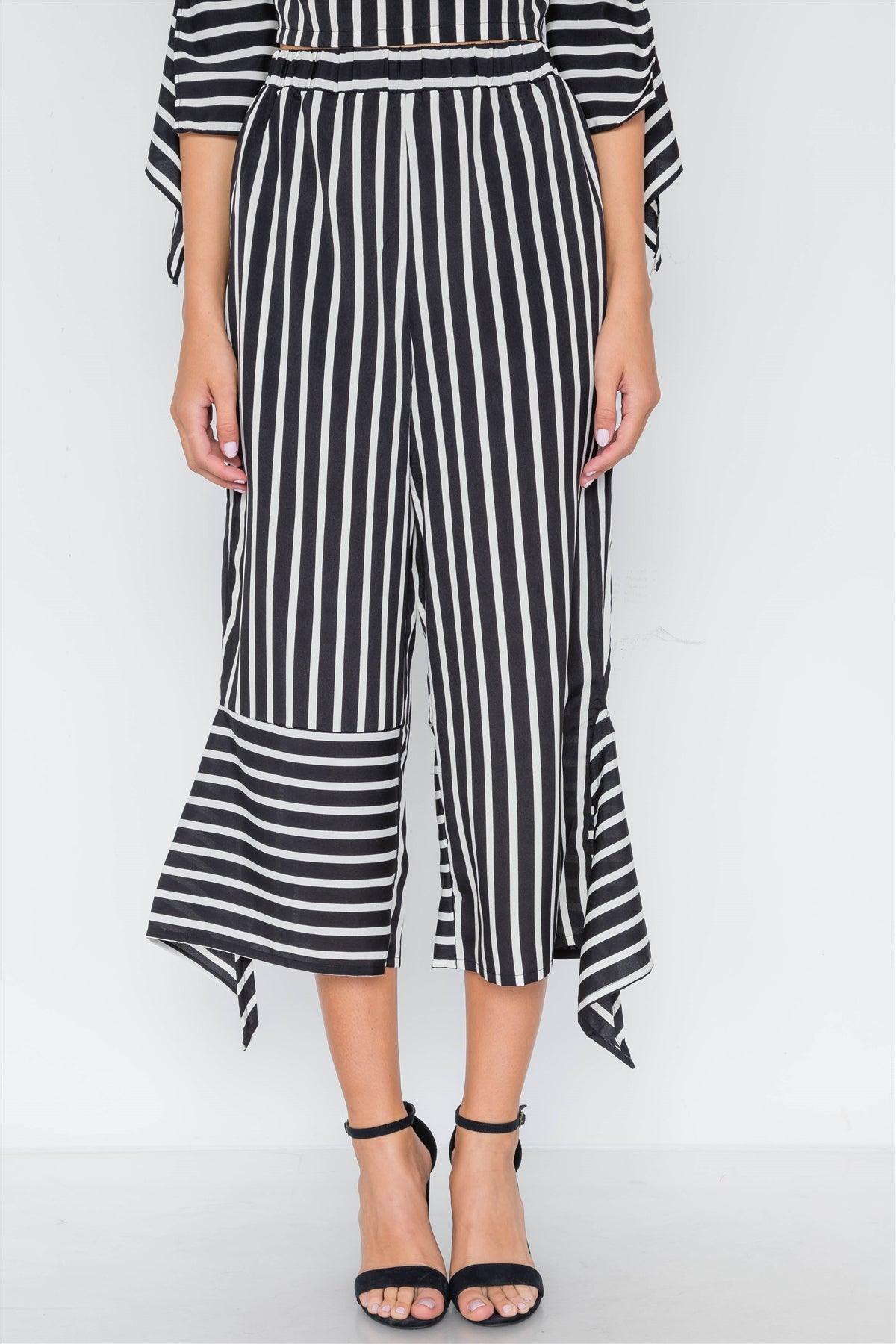 White Black Stripe Flounce Two Piece Top Pants Set