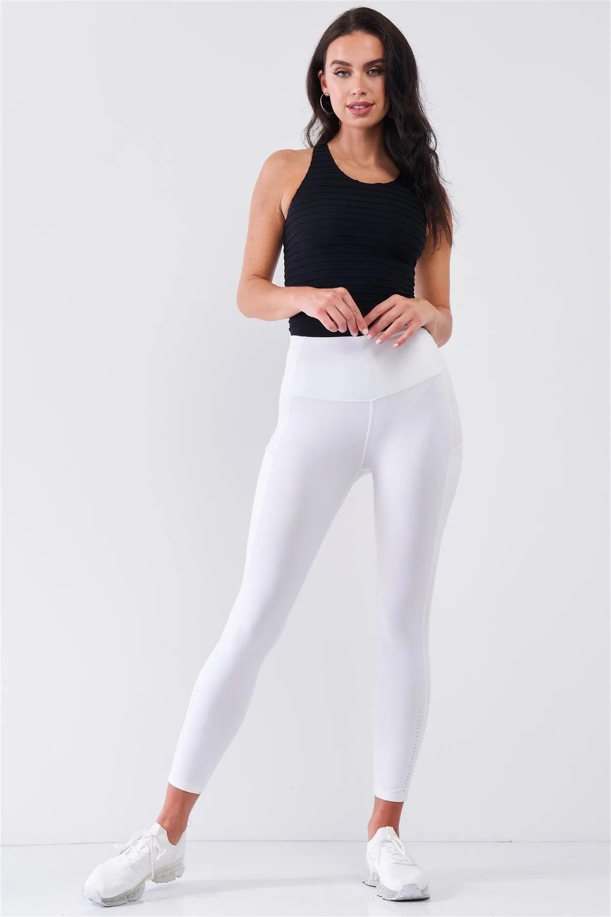 White High Waist Thigh Pocket Detail Tight Fit Soft Yoga & Work Out Legging Pants /1-2-2-1 - Tasha Apparel Wholesale