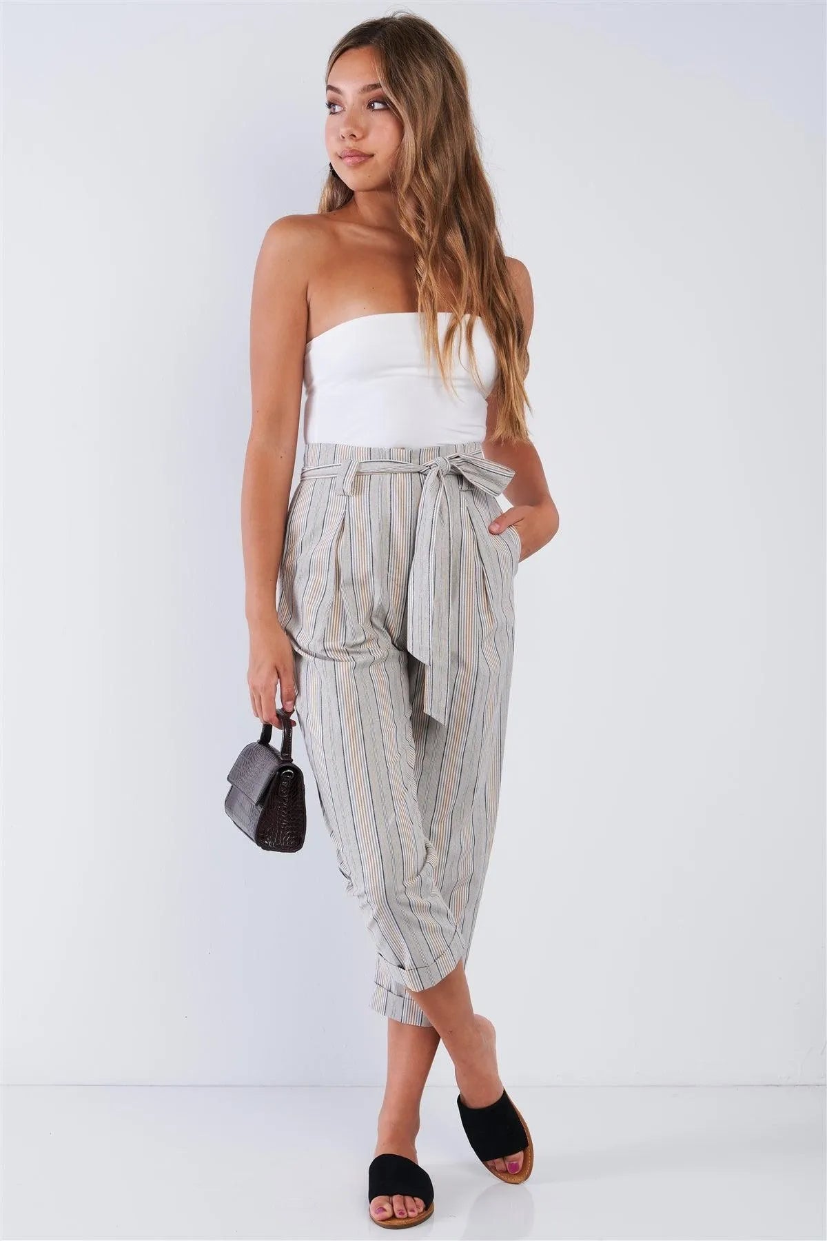 Natural Navy Taupe Striped High Waisted Tapered Folded Hem Pant /2-2-2 - Tasha Apparel Wholesale