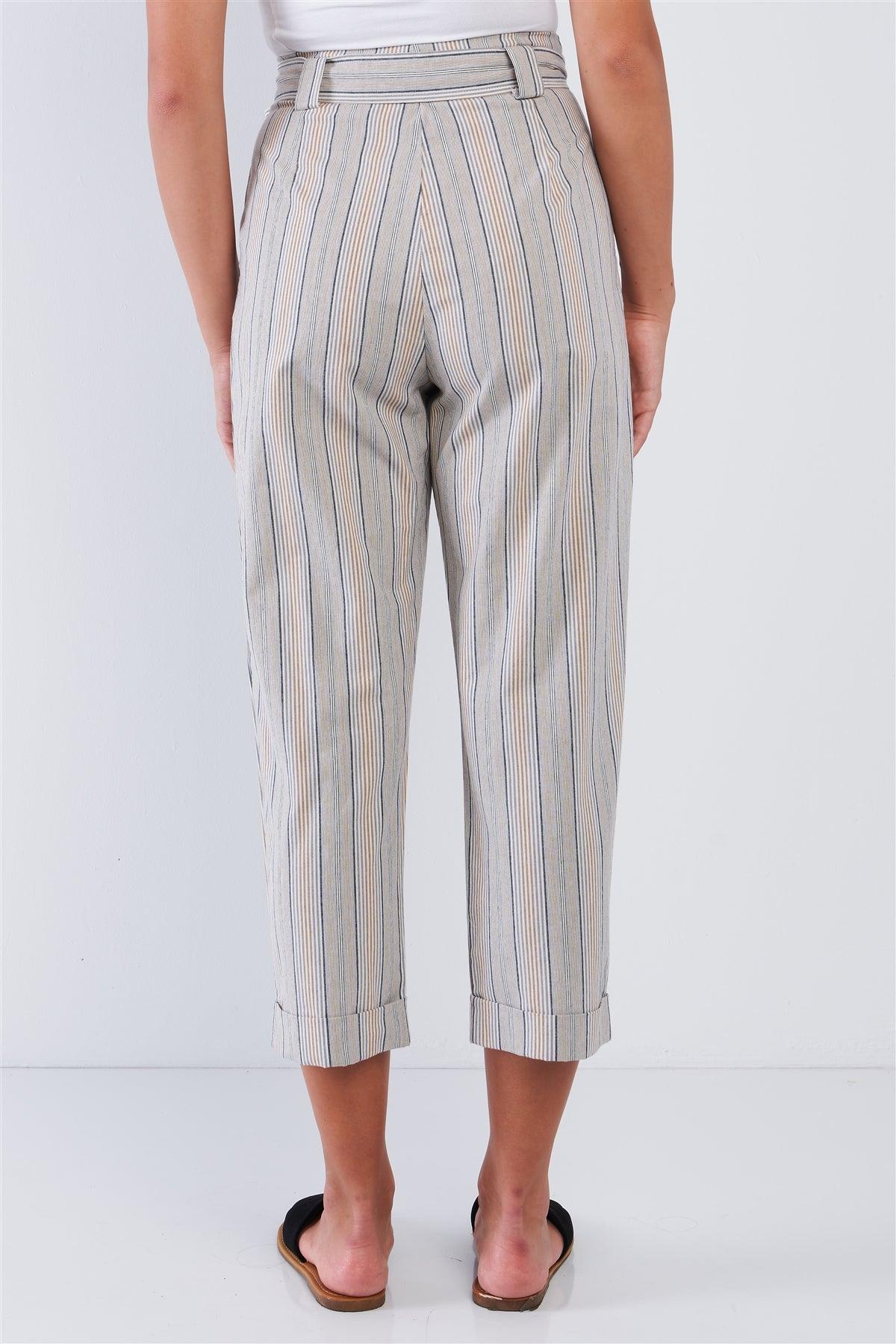 Natural Navy Taupe Striped High Waisted Tapered Folded Hem Pant