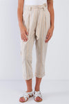 Natural Yellow Taupe Striped High Waisted Tapered Folded Hem Pant
