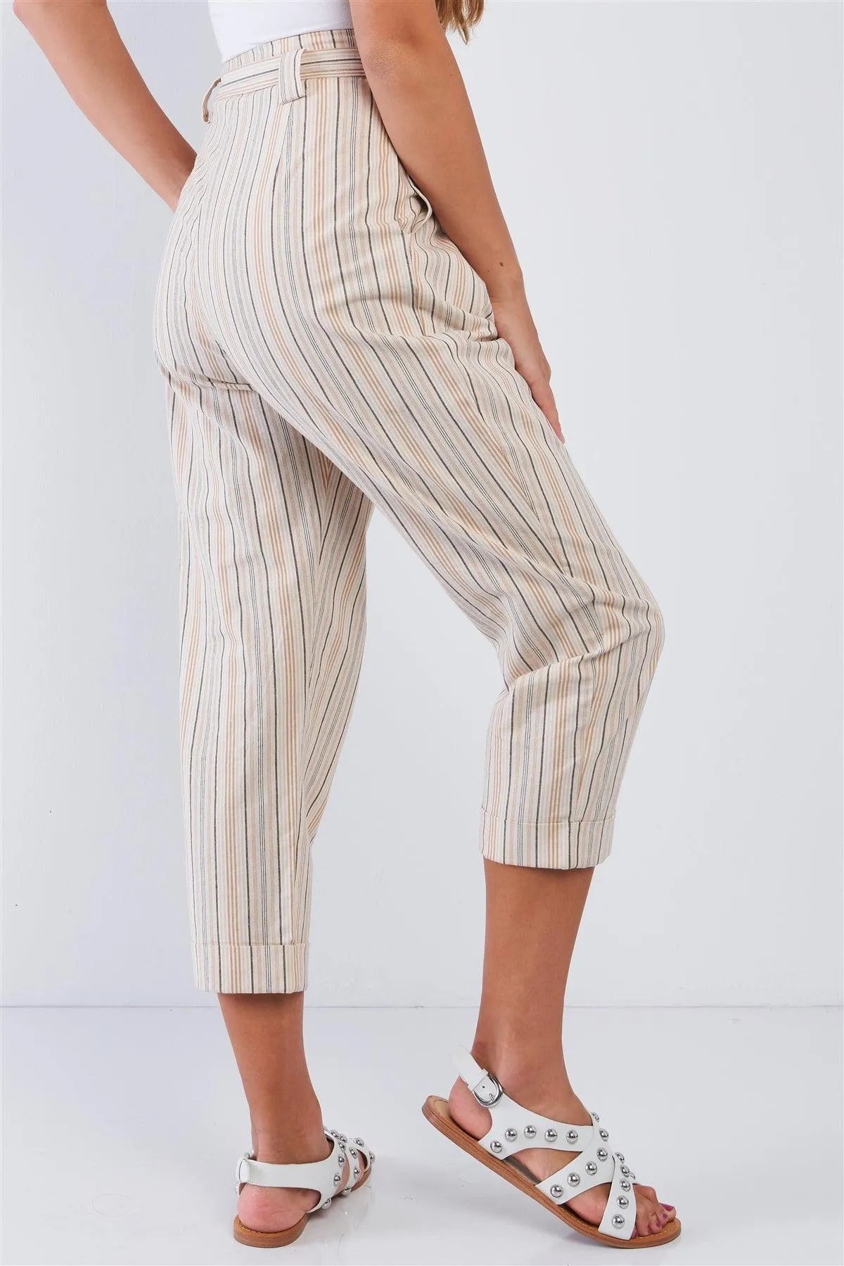 Natural Striped High Waisted Tapered Folded Hem Pants - Tasha Apparel Wholesale