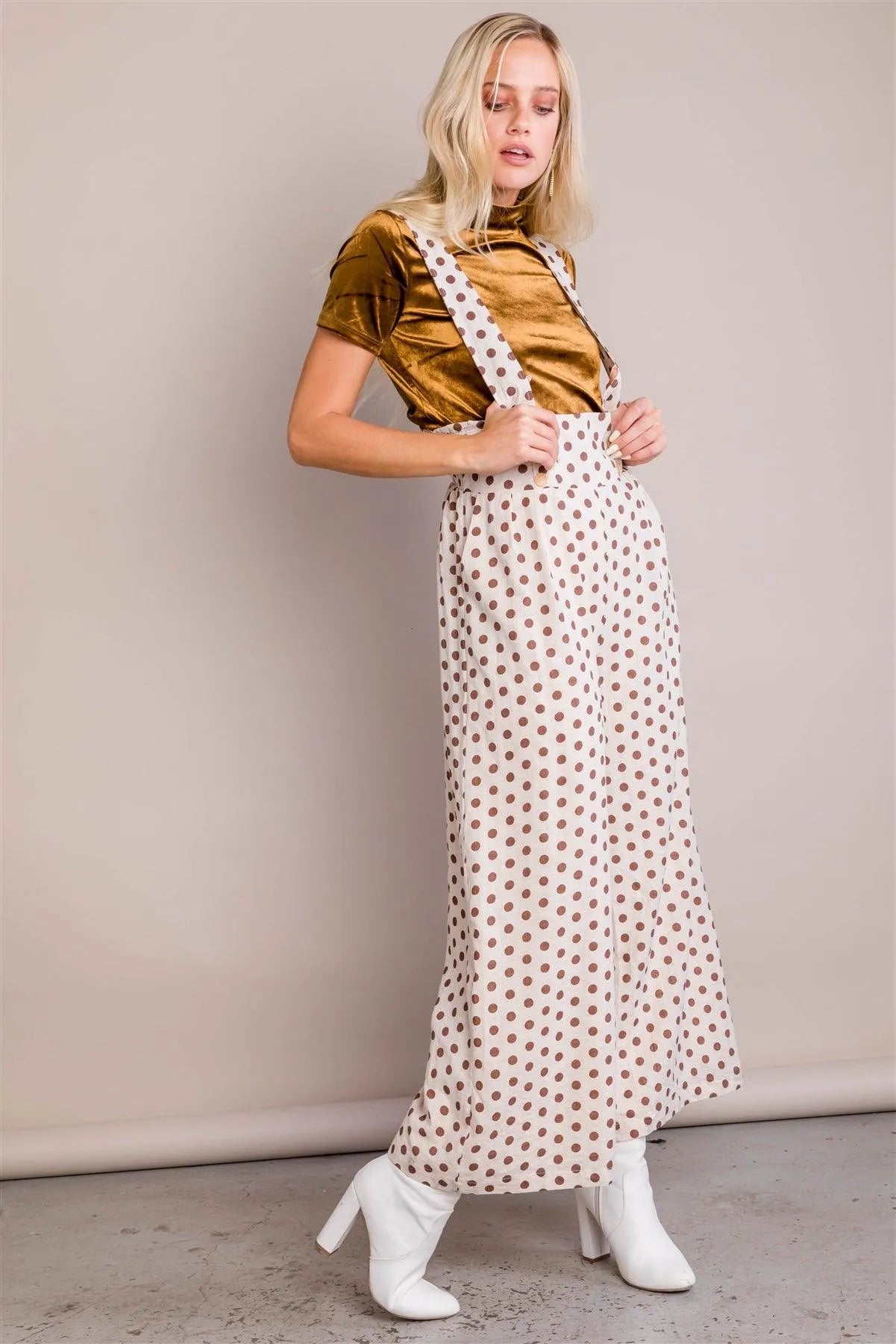 Ivory & Brown Polkadot Pleated Maxi Wide Leg Jumpsuit Overall /2-2-2 - Tasha Apparel Wholesale