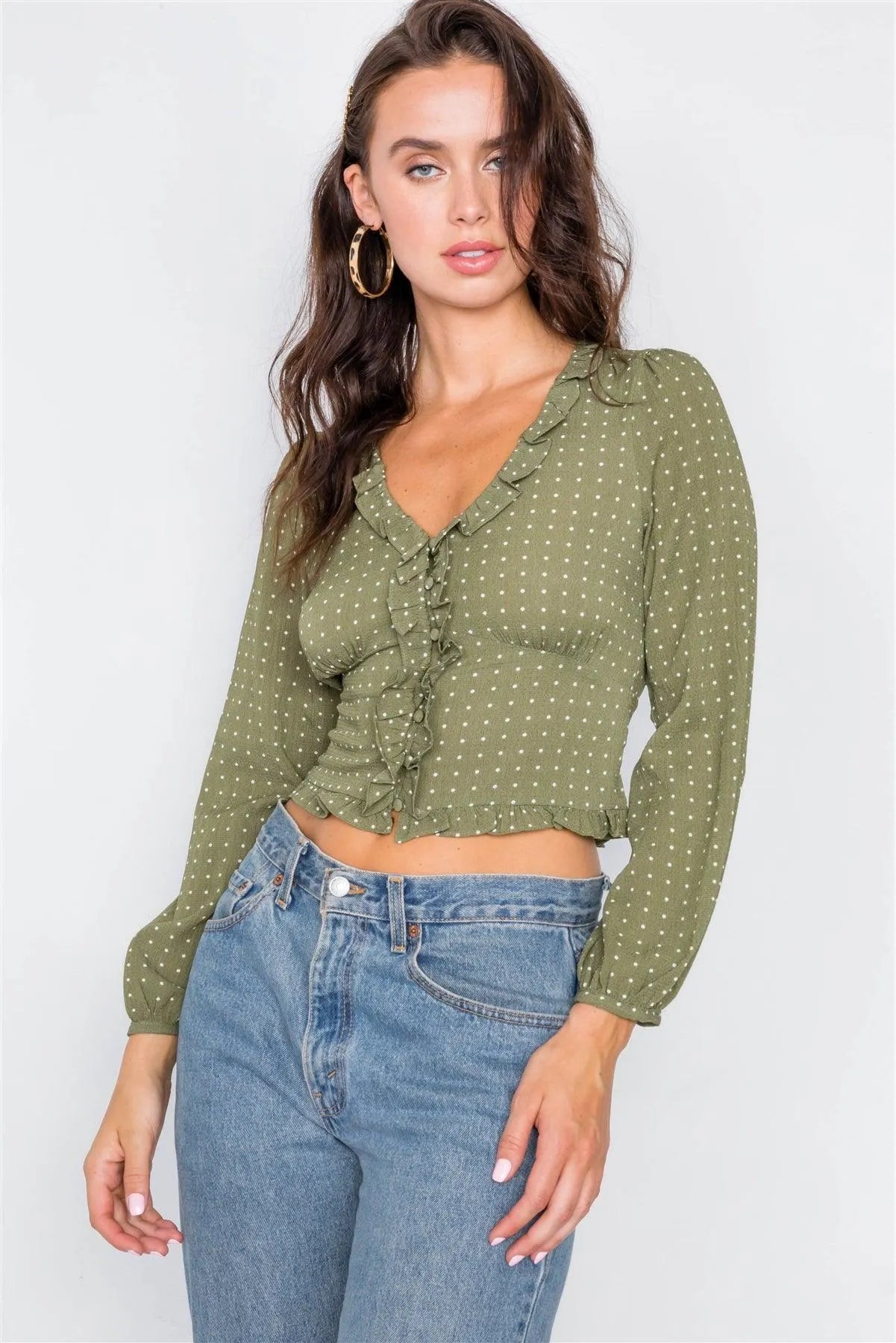Olive Flounce Polkadot Crop Top /2-2-2 - Tasha Apparel Wholesale