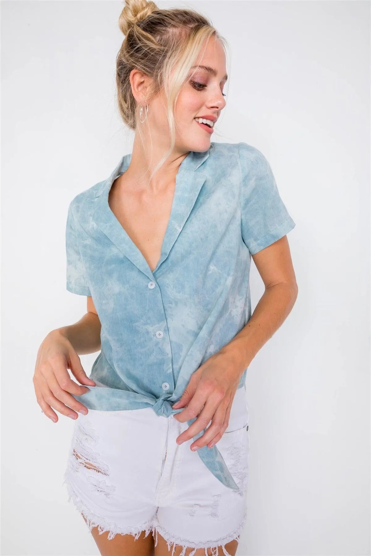 Blue V-Neck Front Knot Short Sleeve Tie Dye Crop Top /2-2-2 - Tasha Apparel Wholesale