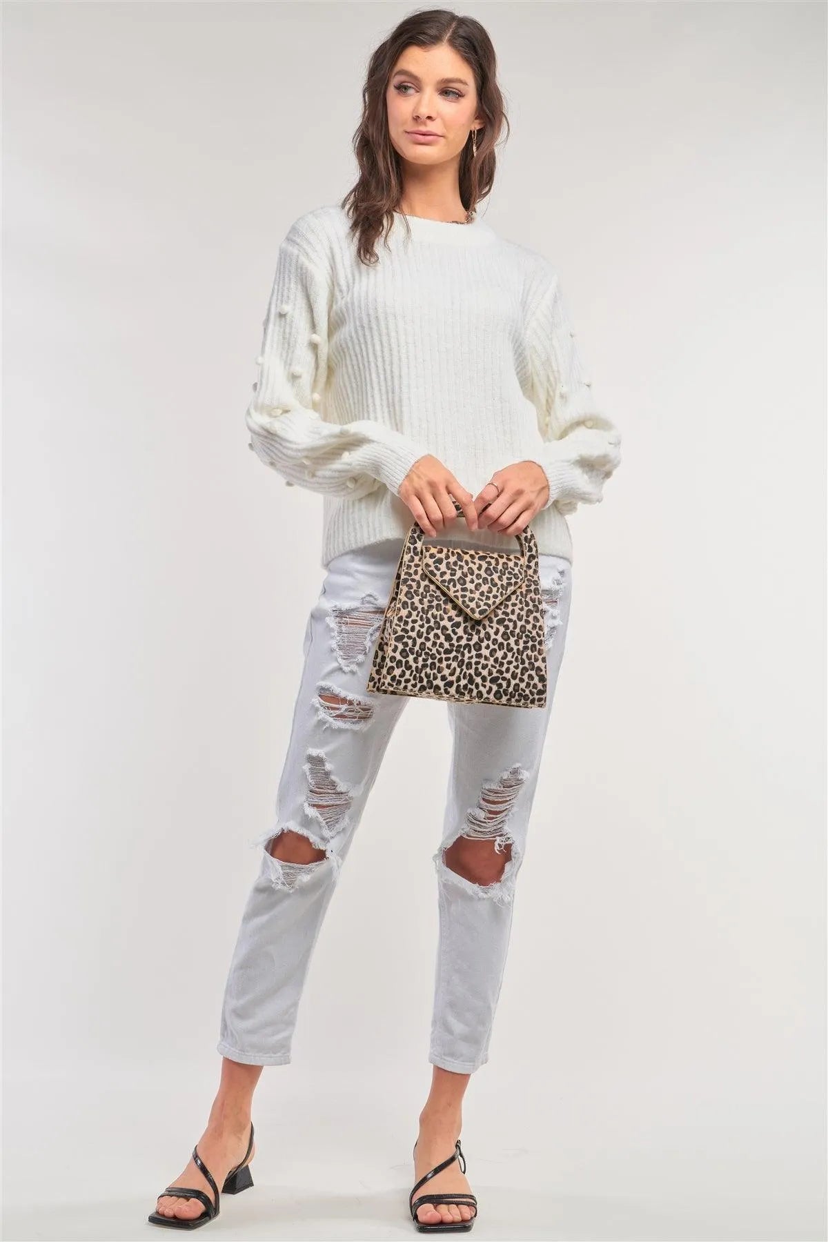 Cozy White Crew Neckline Long Beads Detail Ballon Sleeve Sweater /2-2-2 - Tasha Apparel Wholesale