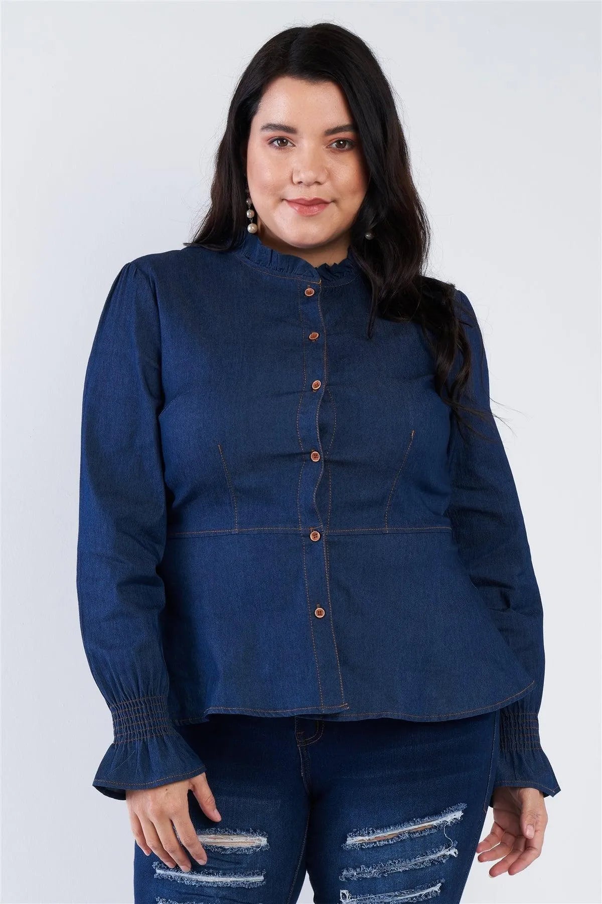 Plus Size Denim Blue Vintage Front Button Sleeve Jean Peplum Top /3-1-1 - Tasha Apparel Wholesale