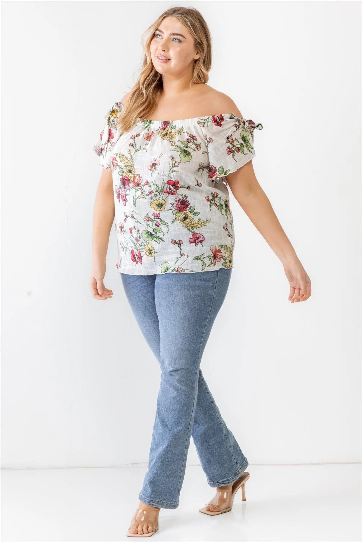 Junior Plus Ivory Floral Print Woven Linen Blend Off-The-Shoulder Relax Top /1-1-1 - Tasha Apparel Wholesale