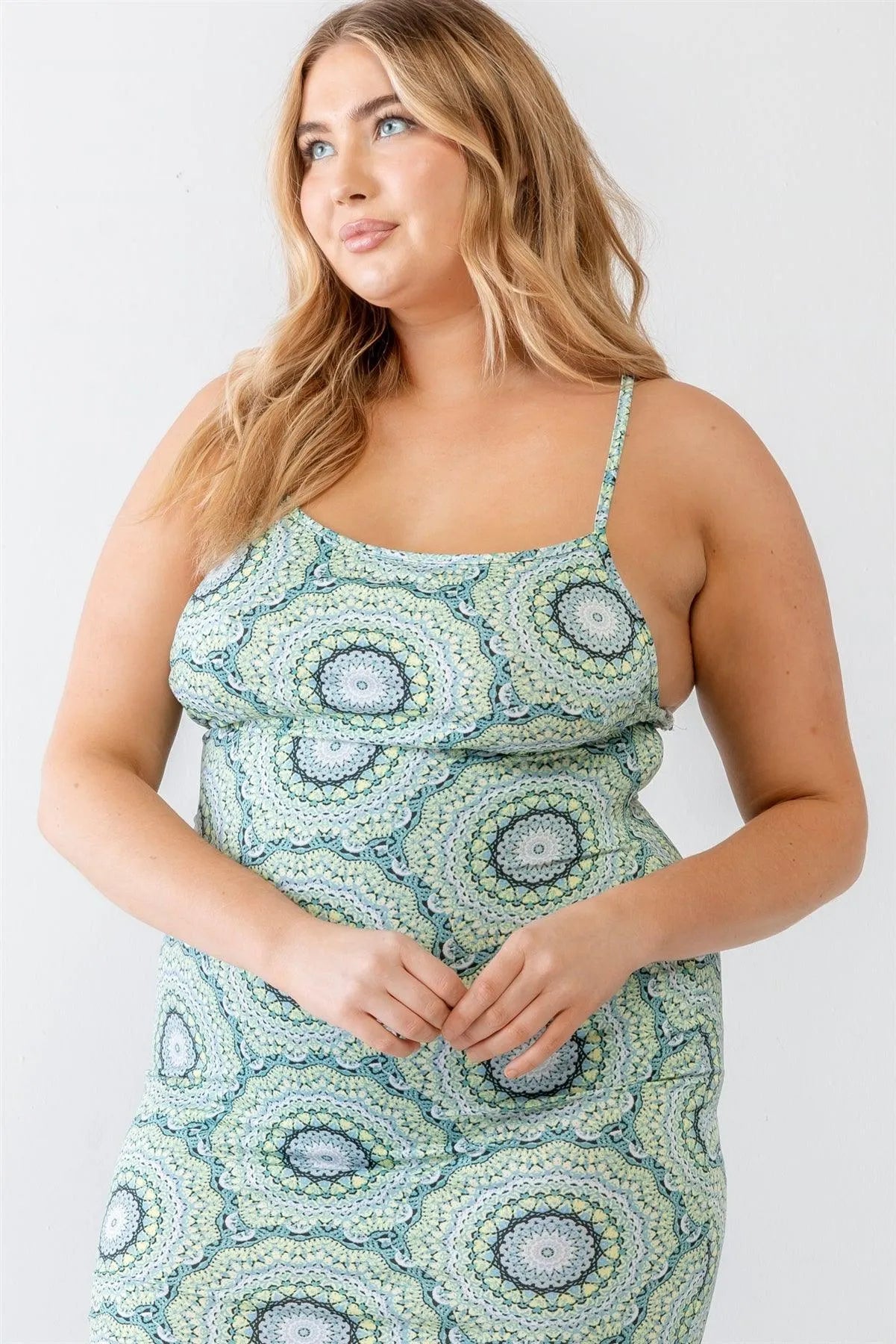 Junior Plus Ivory Lime Abstract Print Sleeveless Midi Dress /1-2-3 - Tasha Apparel Wholesale