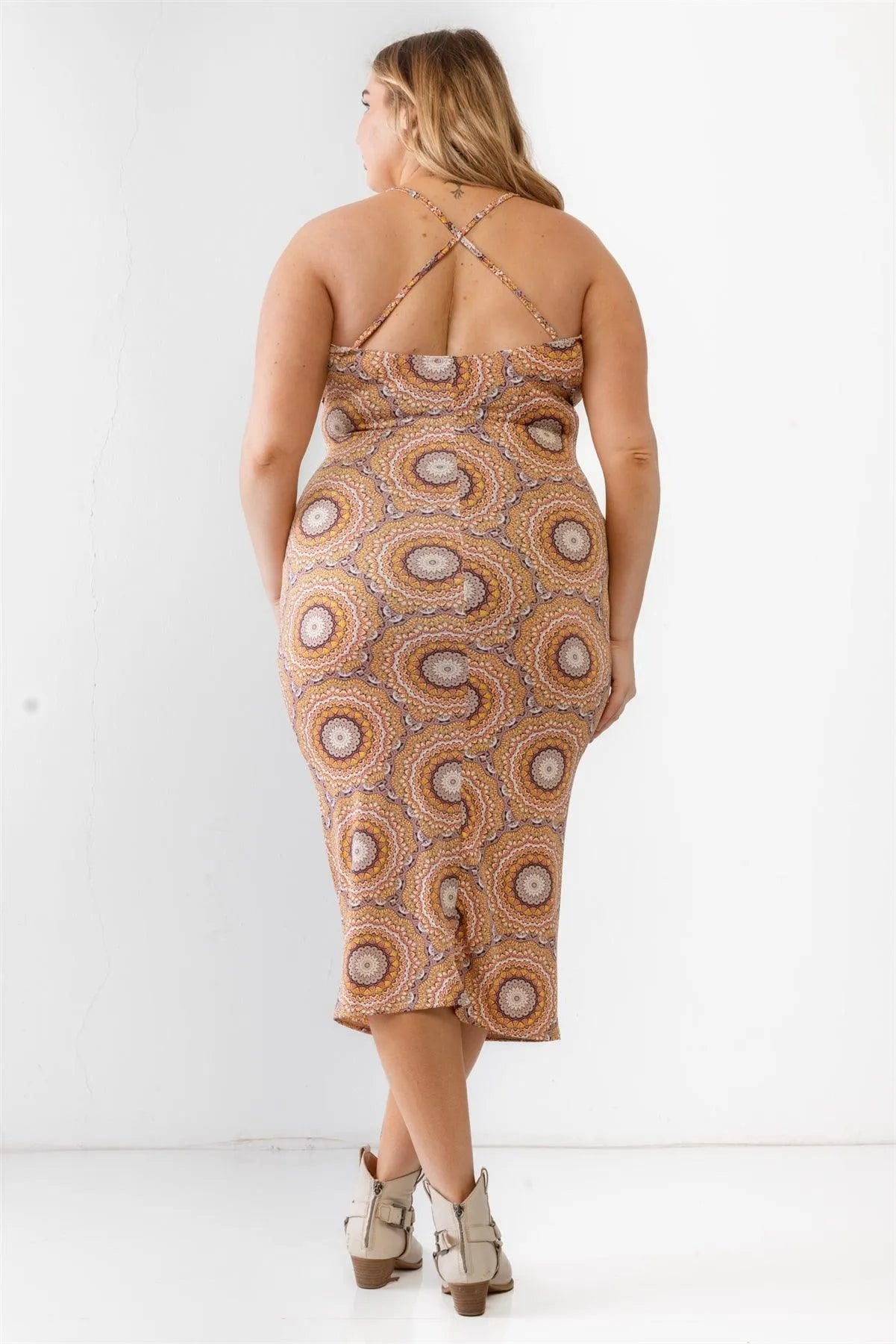 Plus Size Mustard Retro Abstract Print Sleeveless Midi Dress - Tasha Apparel Wholesale