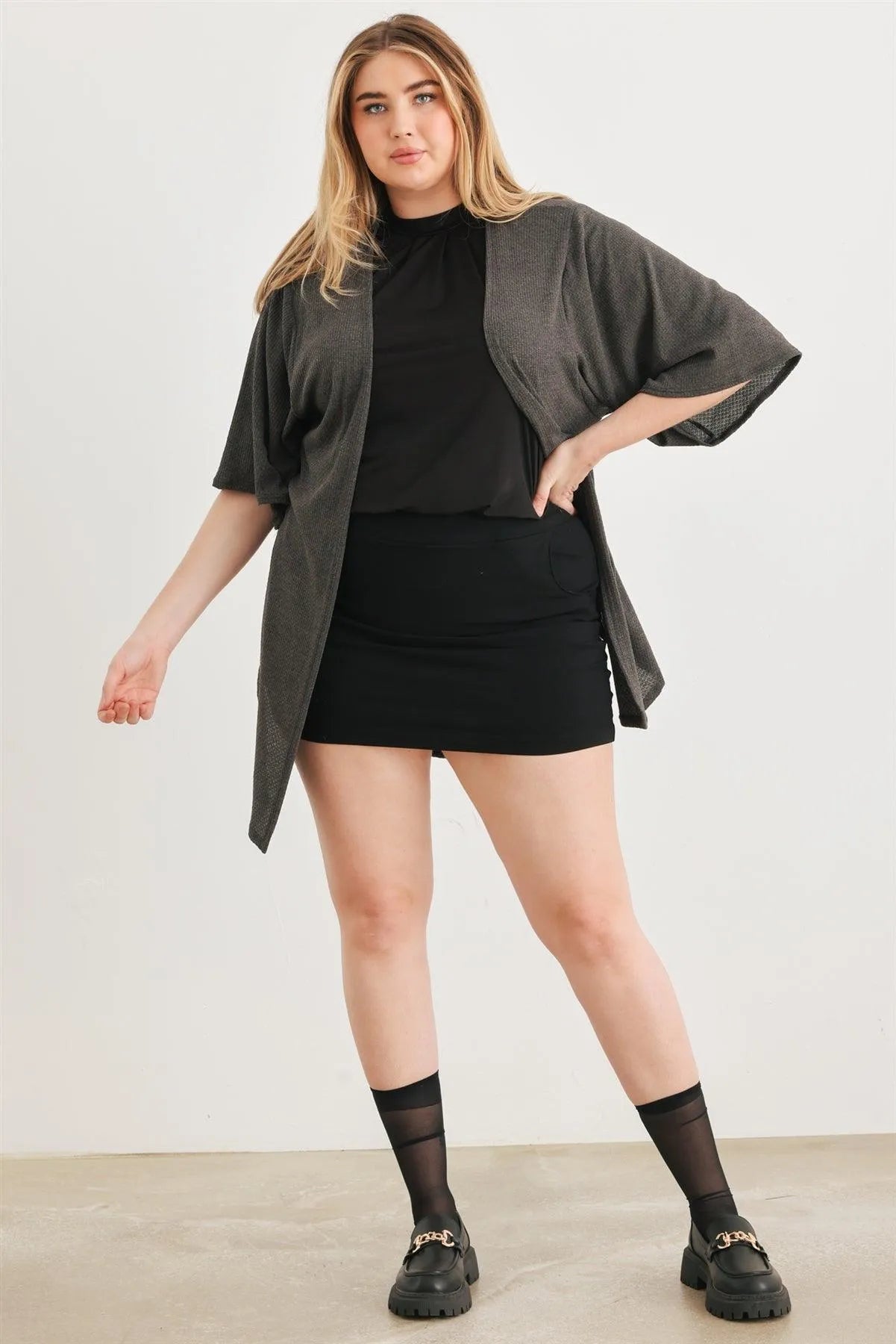 Junior Plus Charcoal Knit Open Front Cardigan /1-1-1 - Tasha Apparel Wholesale