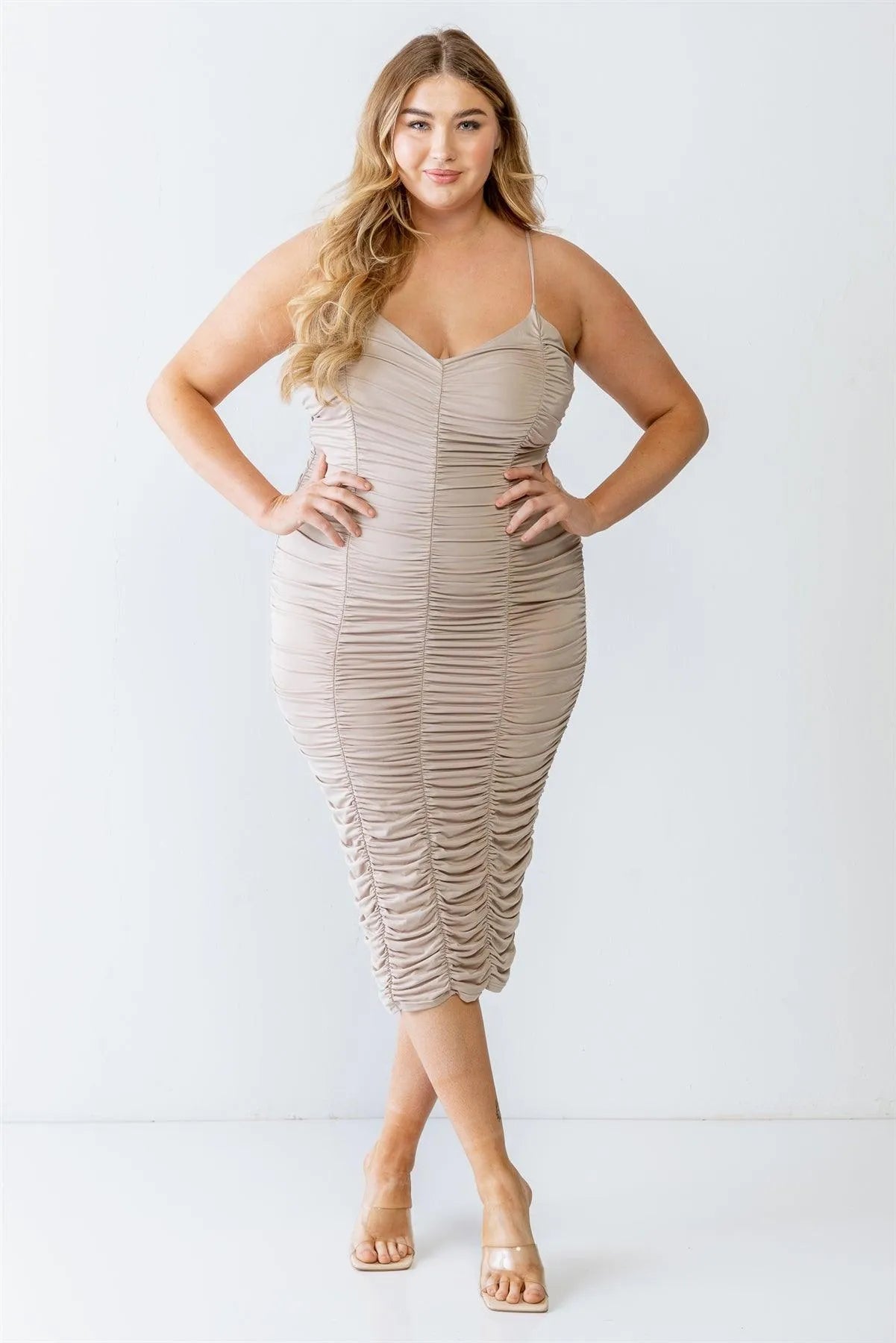 Junior Plus Khaki Ruched Elasticized Sleeveless Midi Dress /1-1 - Tasha Apparel Wholesale