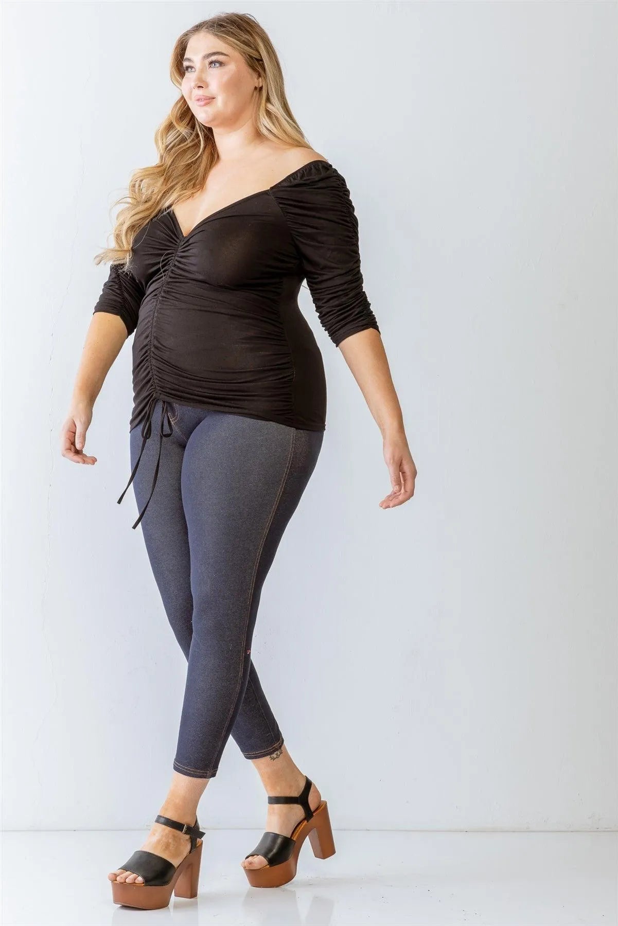 Junior Plus Black Ruched Midi Sleeve Top /1-1-1 - Tasha Apparel Wholesale