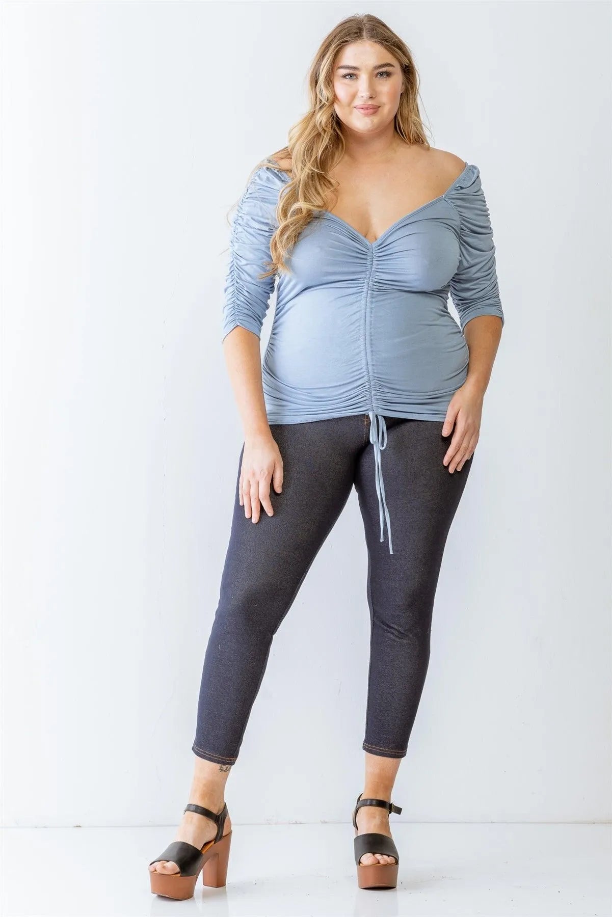 Junior Plus Blue Ruched Midi Sleeve Top /1-1-1 - Tasha Apparel Wholesale