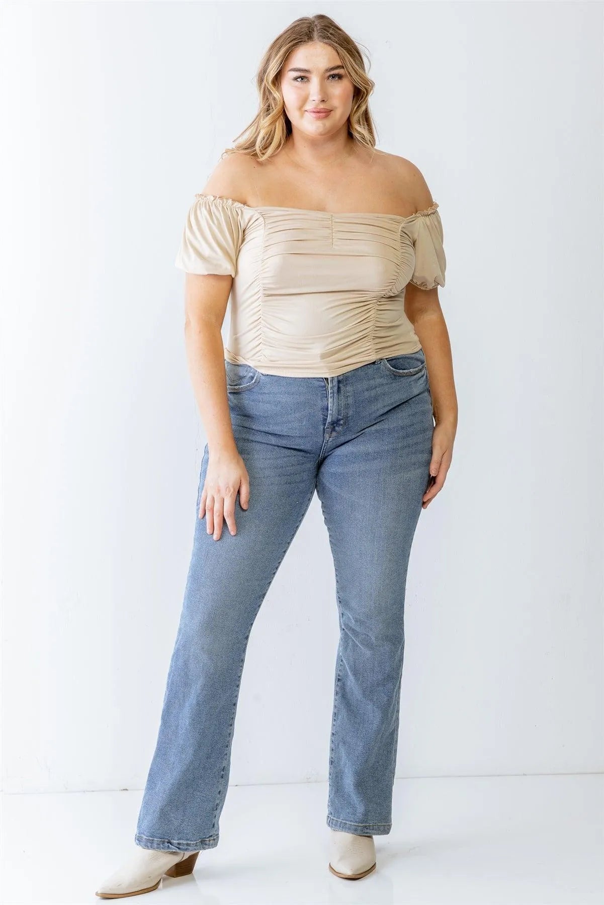 Junior Plus Beige Ruched Short Sleeve Ruffle Detail Top /1-1-1 - Tasha Apparel Wholesale