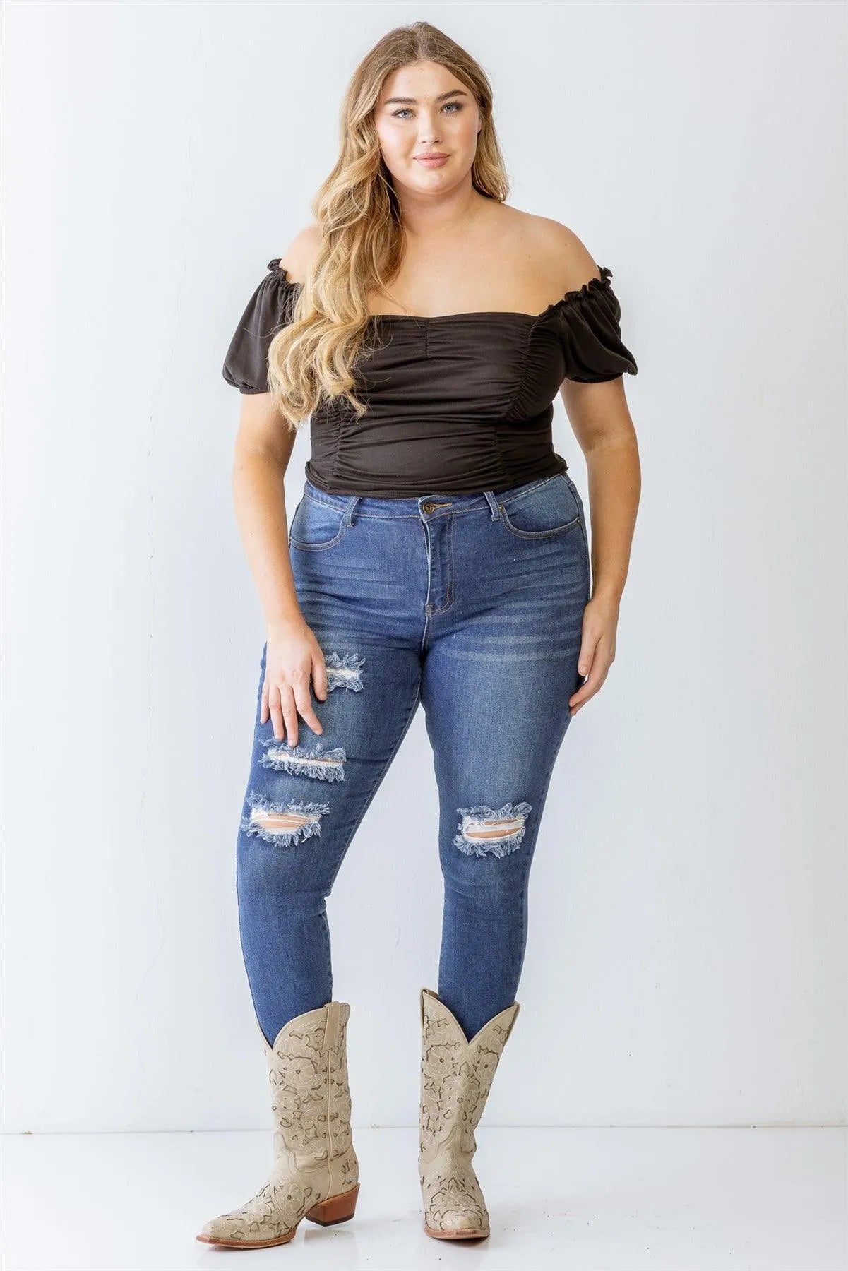 Junior Plus Black Ruched Short Sleeve Ruffle Detail Top /1-1-1 - Tasha Apparel Wholesale