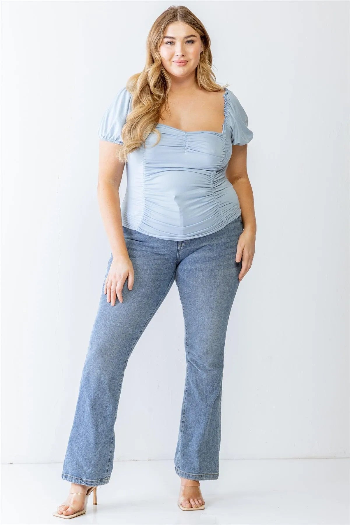 Junior Plus Blue Ruched Short Sleeve Ruffle Detail Top /1-1-1 - Tasha Apparel Wholesale
