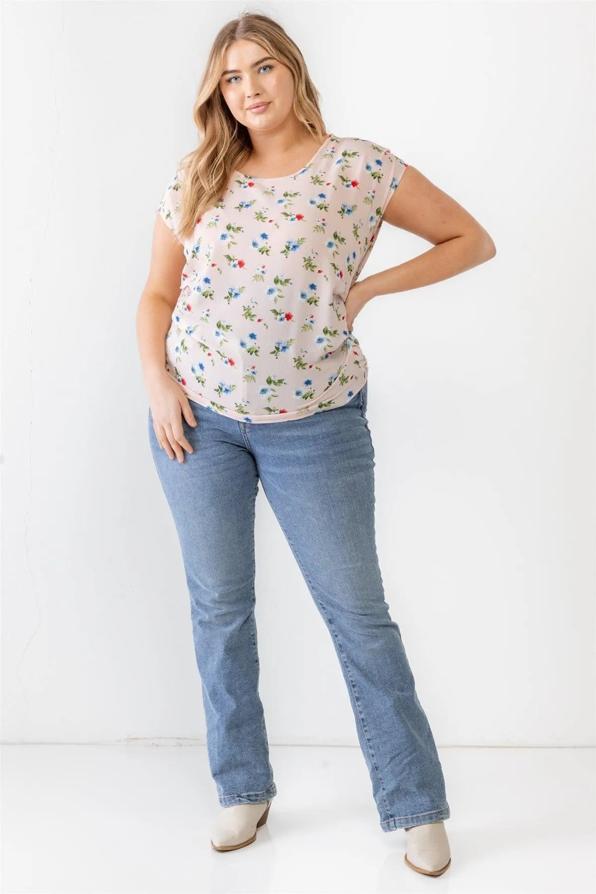 Junior Plus Pink Flower Print Ruched Top /1-1-1 - Tasha Apparel Wholesale