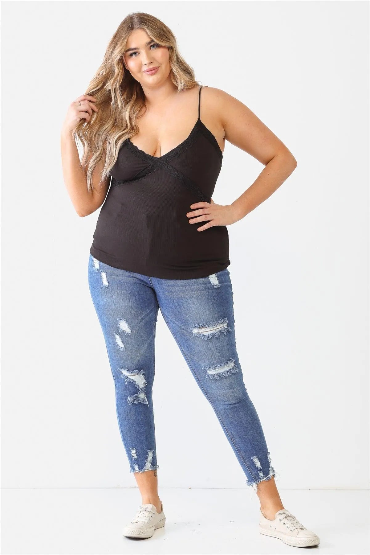 Plus Size Ribbed Lace Sleeveless Lettuce Hem Top - Tasha Apparel Wholesale