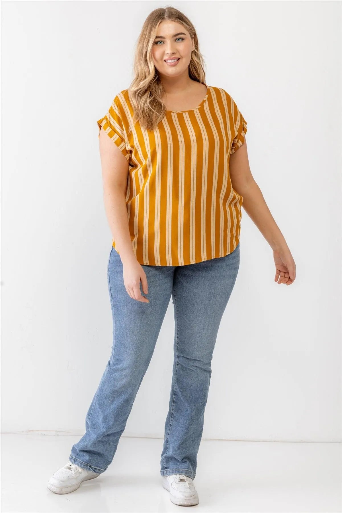 Junior Plus Yellow Striped Short Sleeve Relax Top /1-1-1 - Tasha Apparel Wholesale