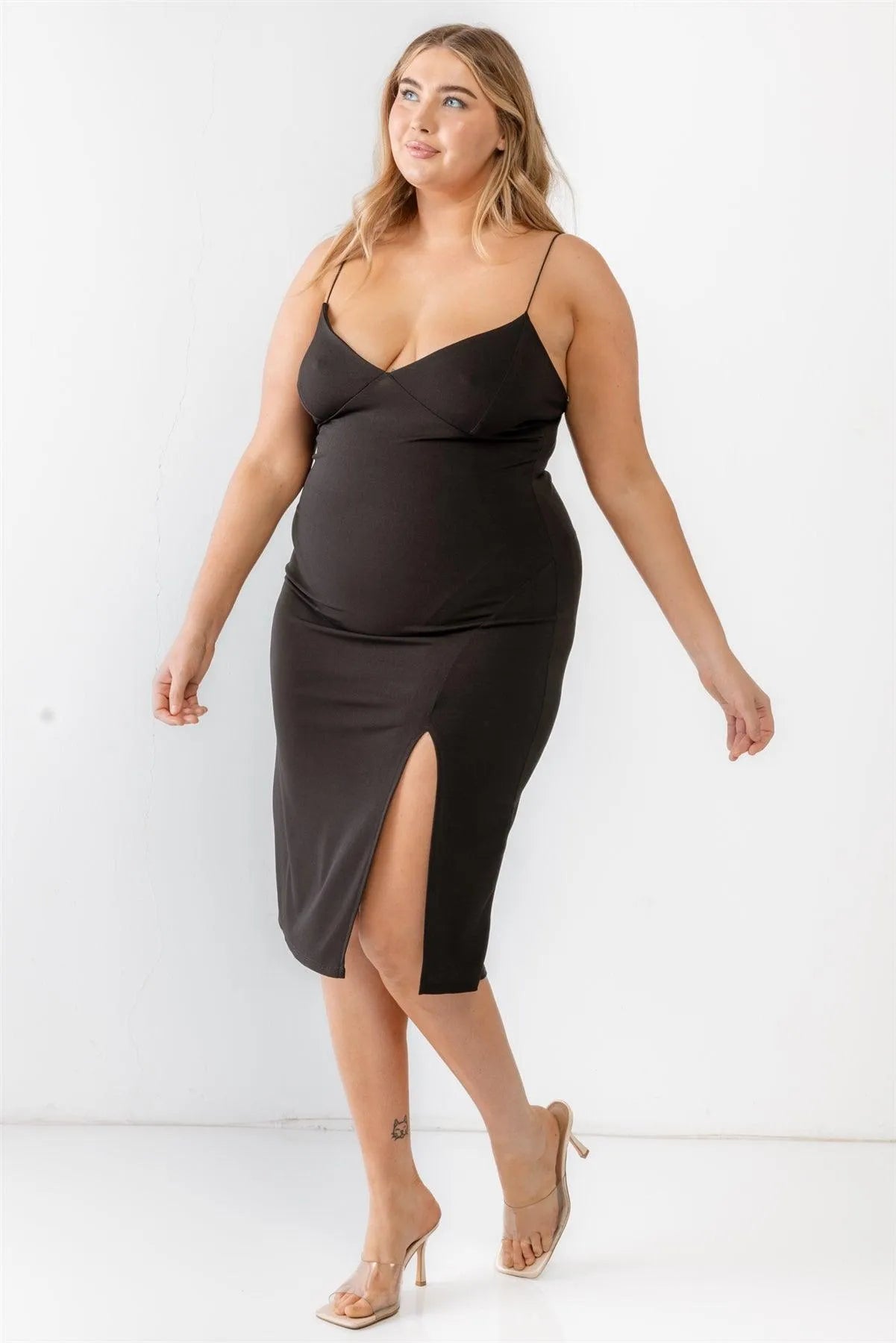 Junior Plus Black V-Neck Sleeveless Strappy Midi Dress /1-1-1 - Tasha Apparel Wholesale