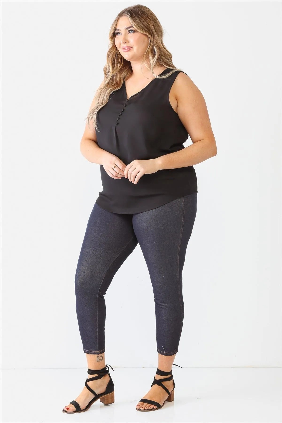 Junior Plus Black Button Up Detail Sleeveless Top /2-1 - Tasha Apparel Wholesale