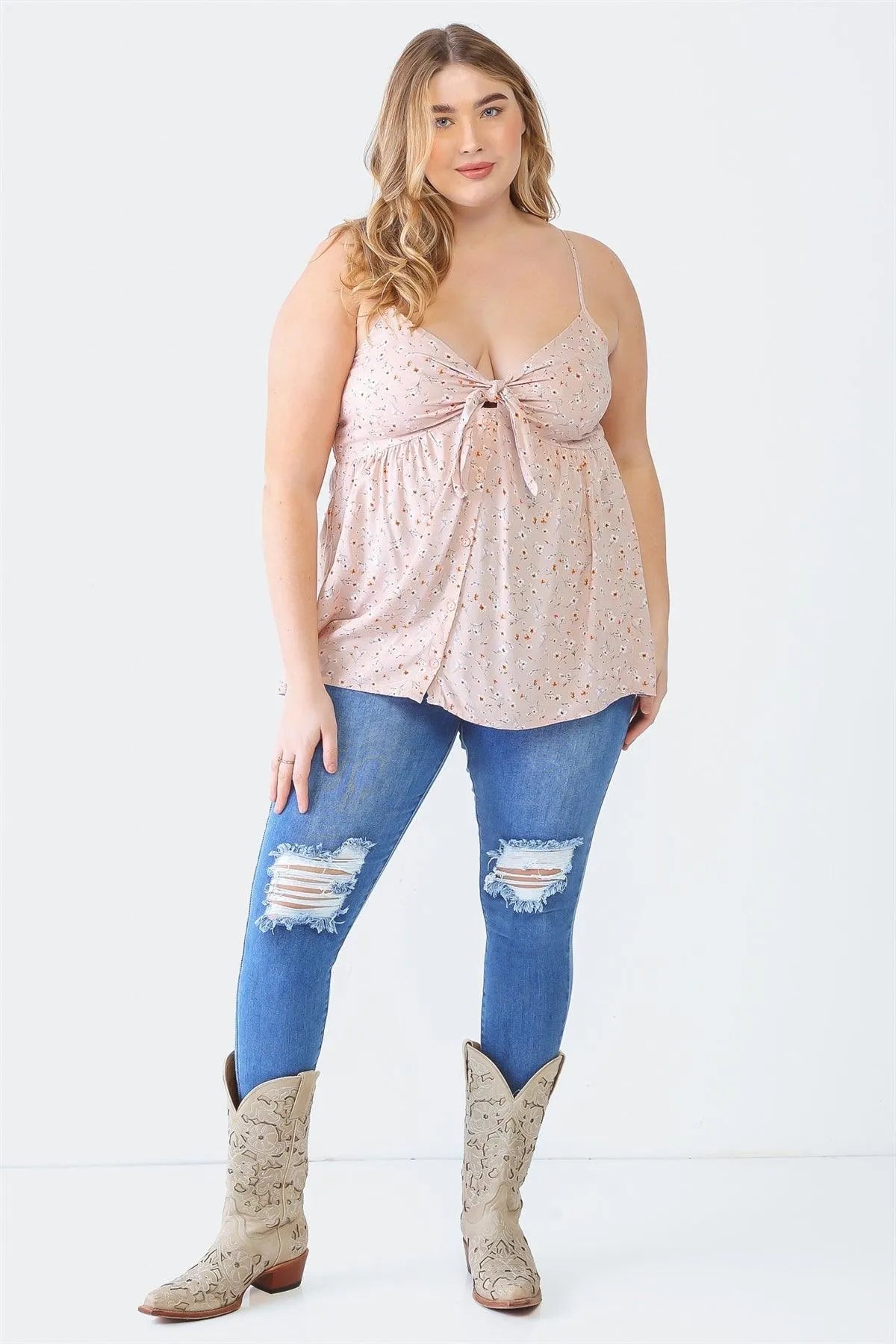 Plus Size Mauve Floral Button-Up Sleeveless Back Tie Top - Tasha Apparel Wholesale