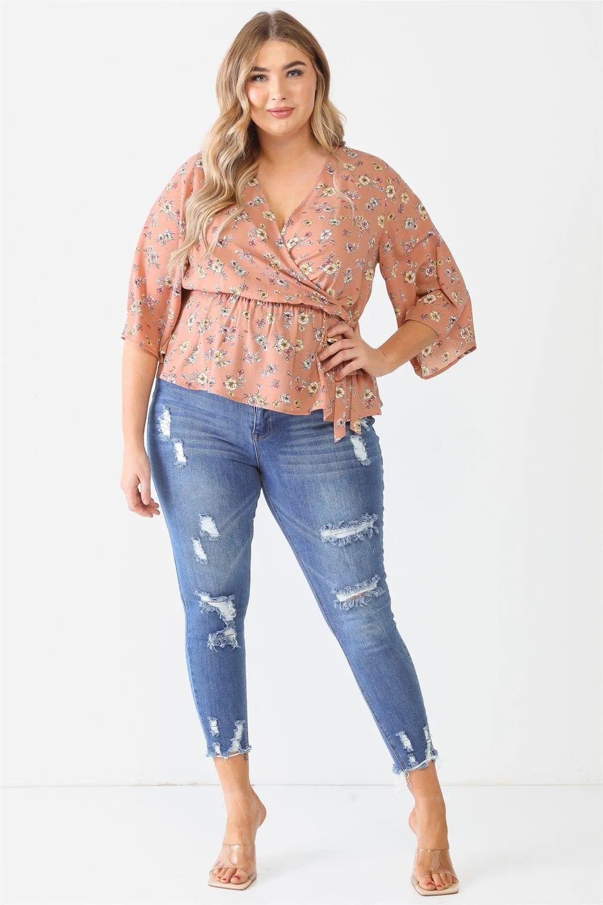 Junior Plus Mauve Floral Print Wrap Neck Self-Tie Flare Hem Top /1-1-1 - Tasha Apparel Wholesale