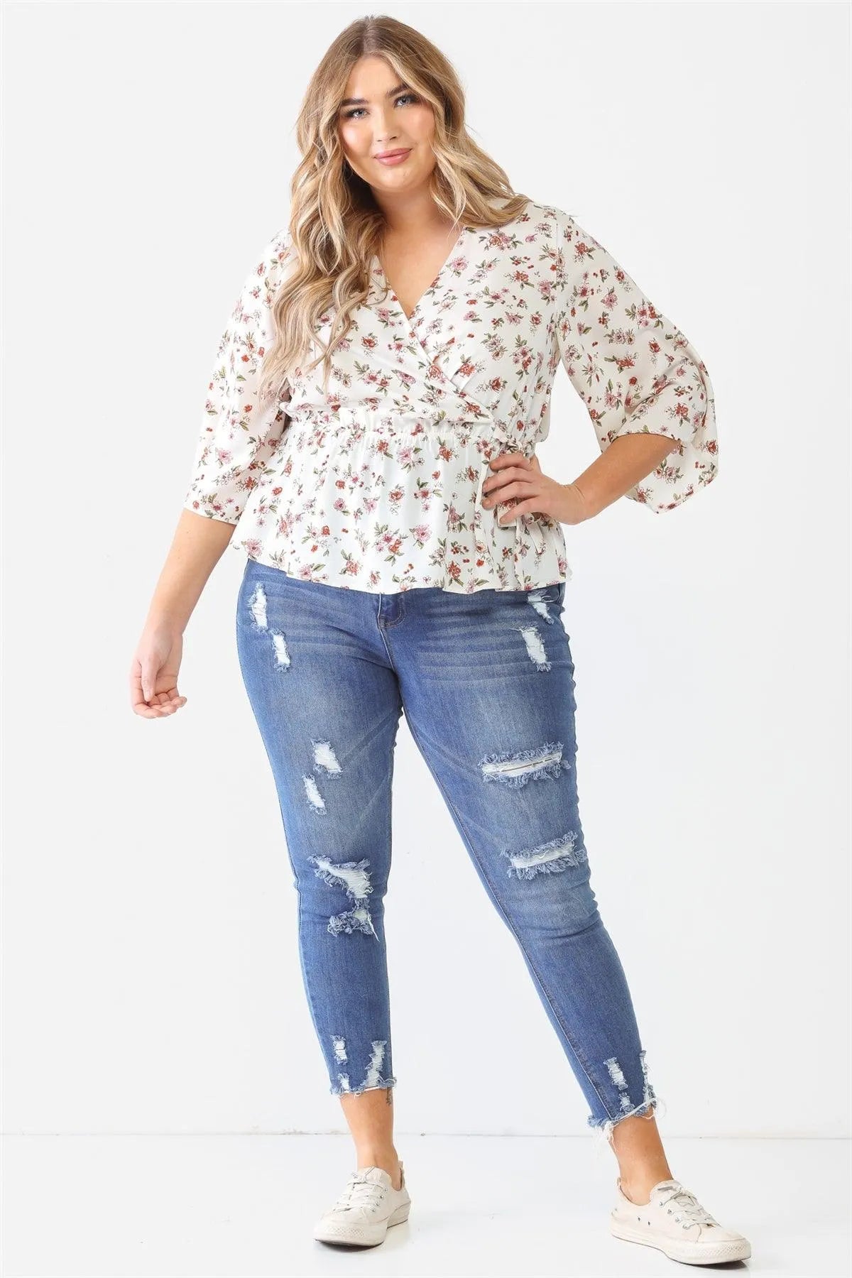 Junior Plus Off-White Floral Print Wrap Neck Self-Tie Flare Hem Top /1-1-1 - Tasha Apparel Wholesale