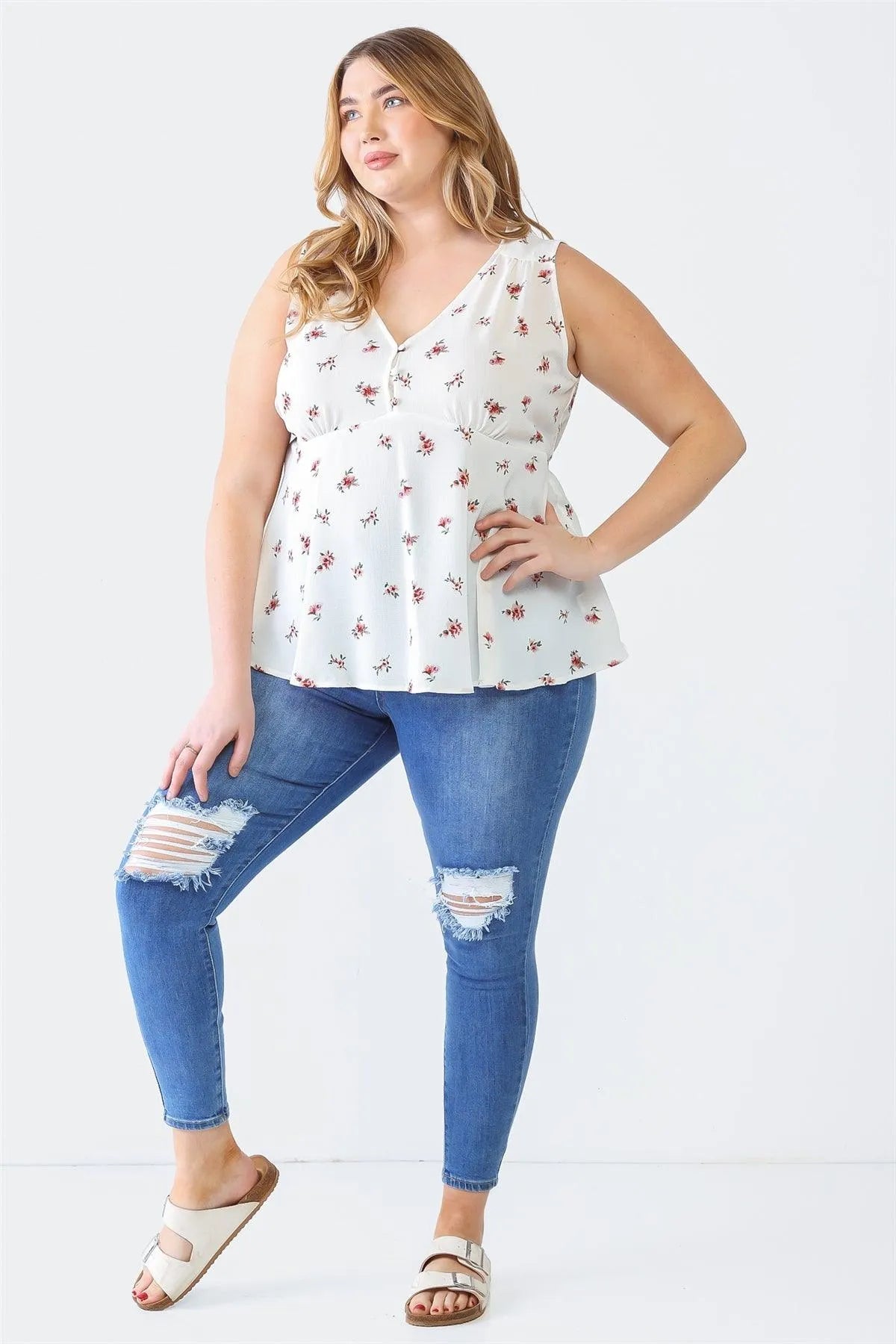 Plus Size Off-White Floral Sleeveless Button-Up Back-Tie Top - Tasha Apparel Wholesale