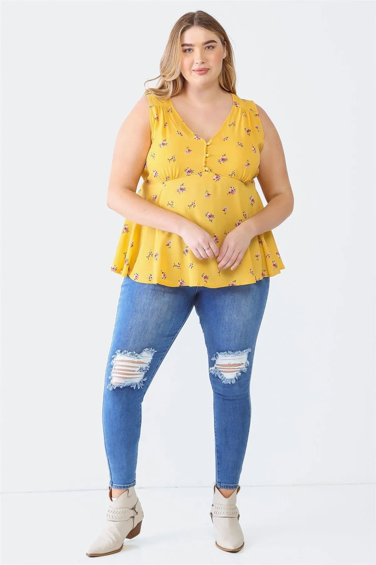 Plus Size Yellow Floral Sleeveless Button-Up Back-Tie Top - Tasha Apparel Wholesale