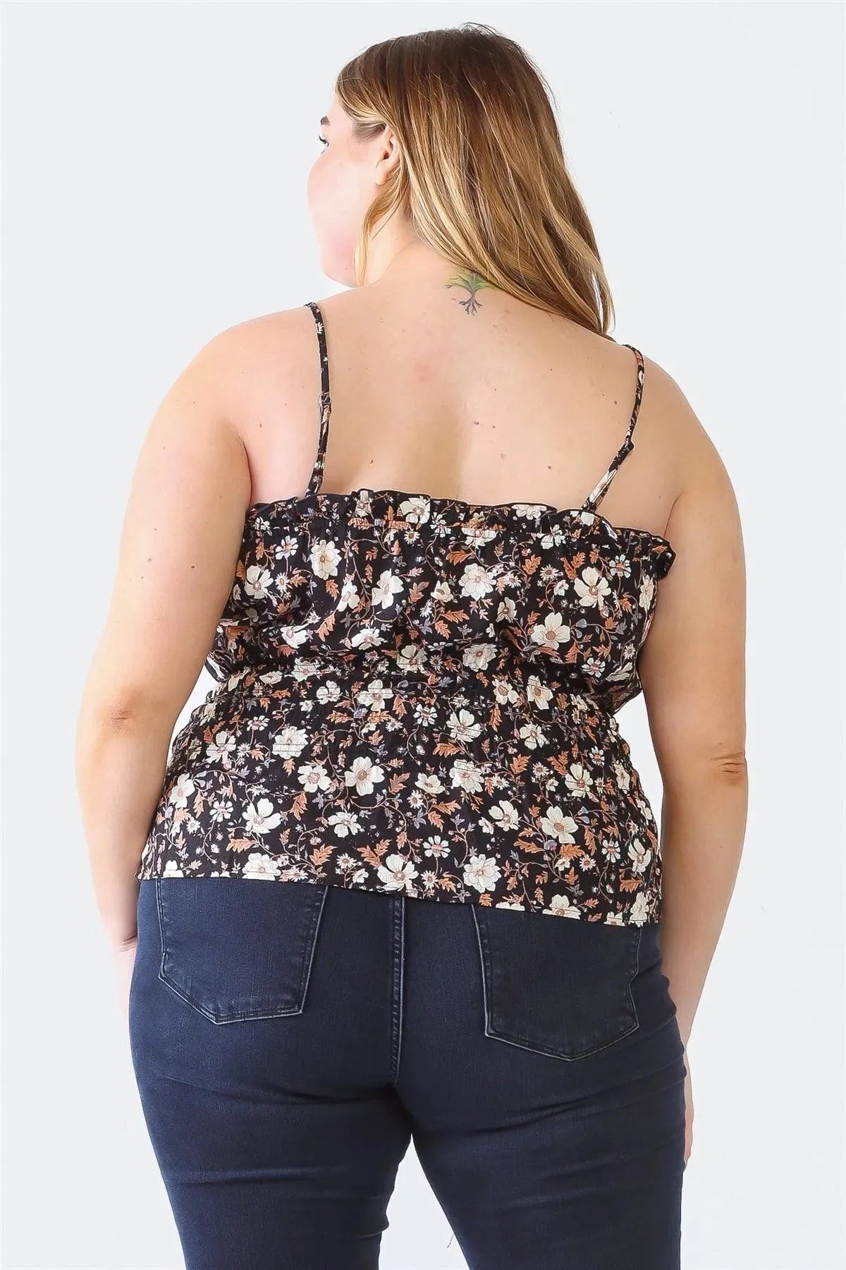 Plus Size Blush Floral Print Ruffle Trim Smocked Bodice Cami Top - Tasha Apparel Wholesale