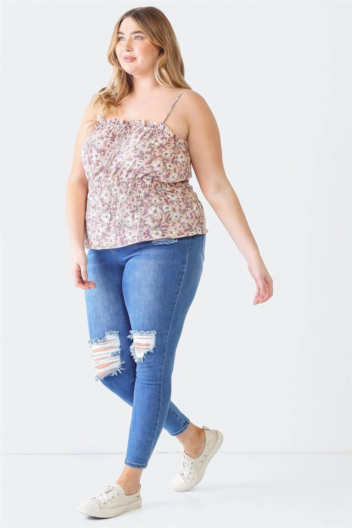 Plus Size Floral Print Crumpled Strappy Smocked Top - Tasha Apparel Wholesale