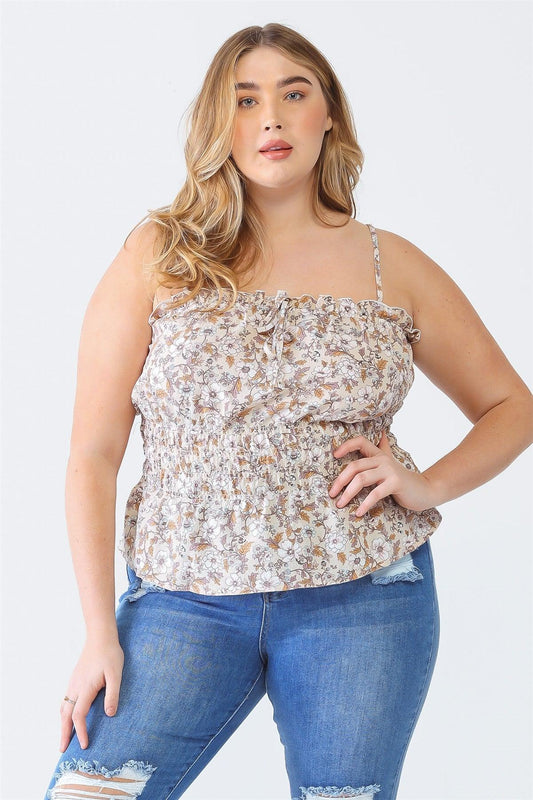 Junior Plus Taupe Floral Print Crumpled Strappy Smocked Top /1-1-1