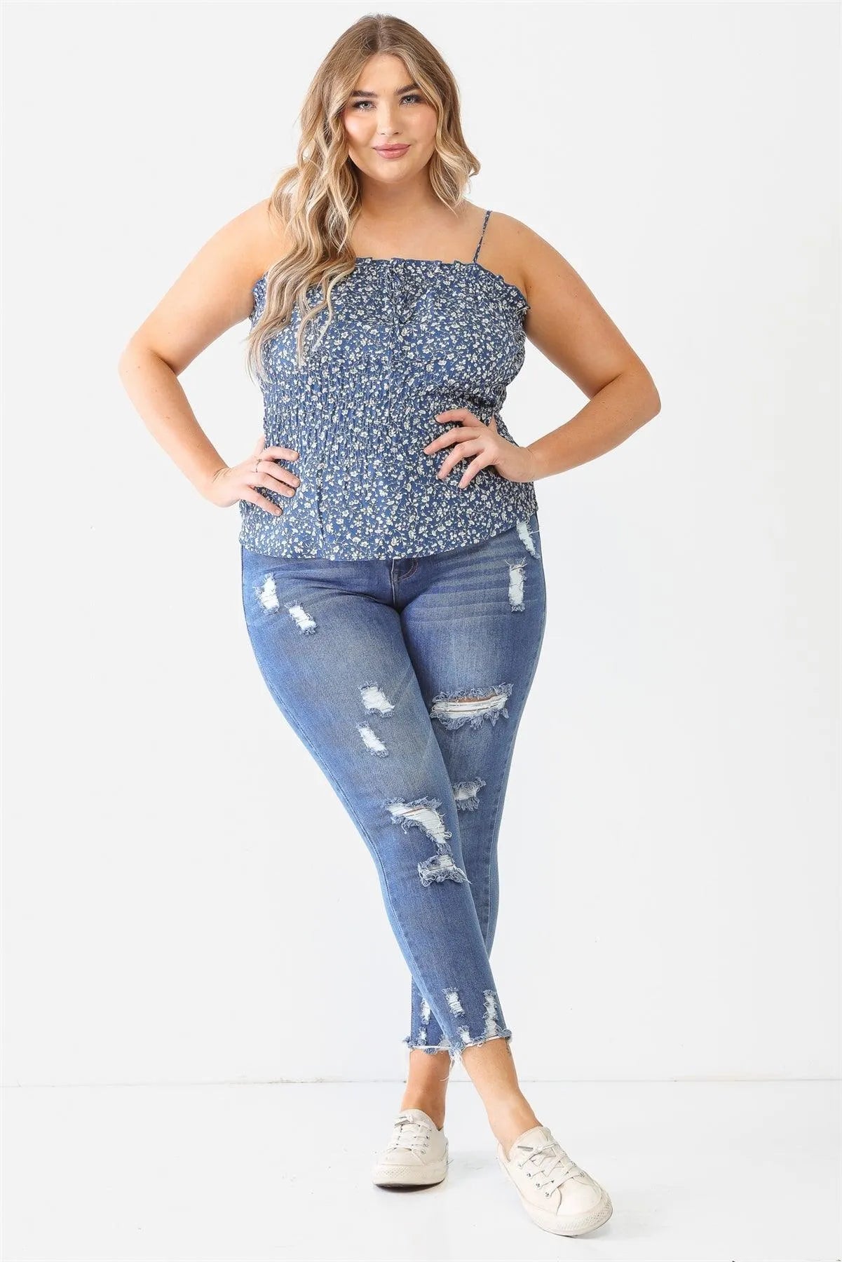 Plus Size Blue Floral Ruffle Smocked Strappy Top - Tasha Apparel Wholesale